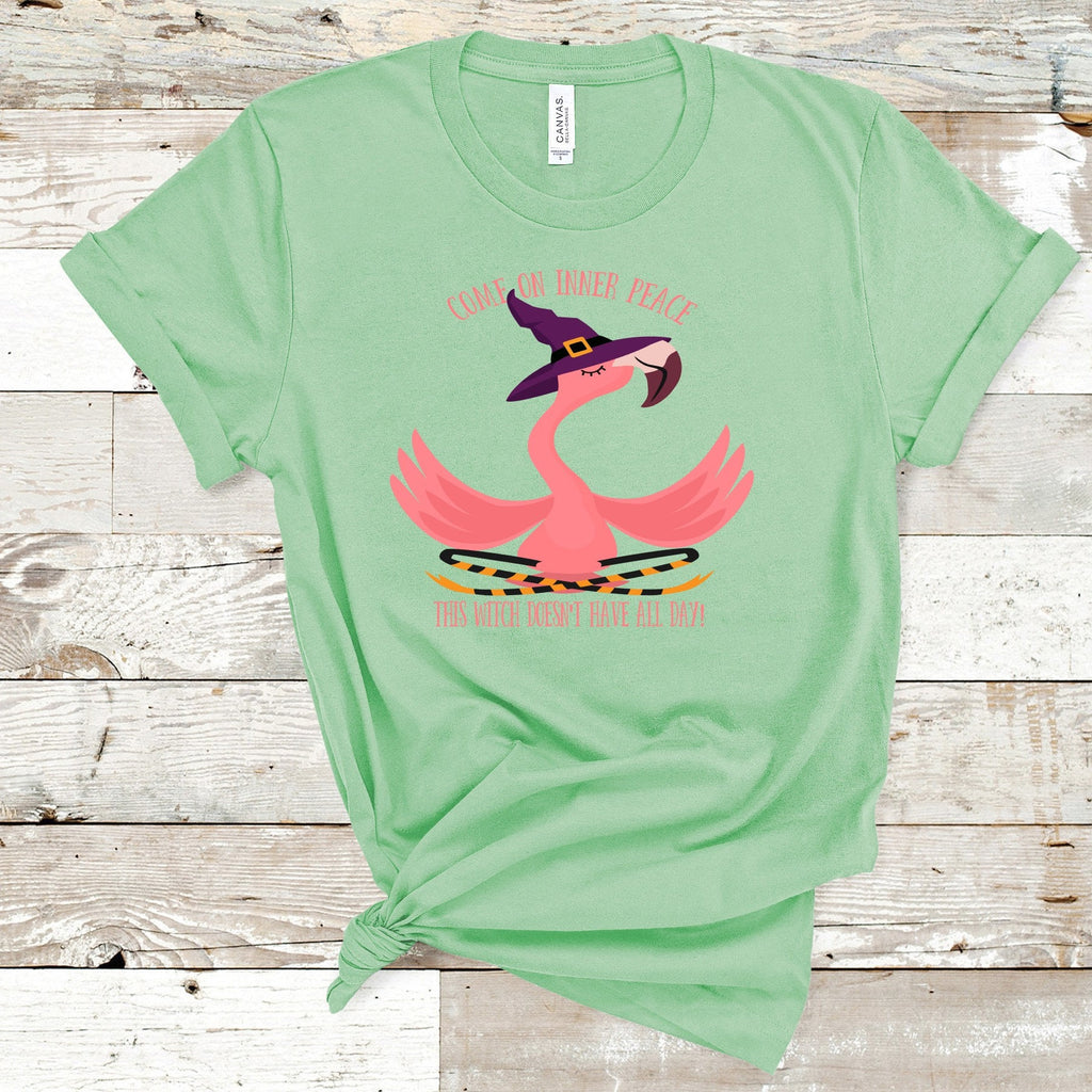 Yoga Flamingo Witch T-Shirt: Inner Peace Humor, Bella Canvas Tee