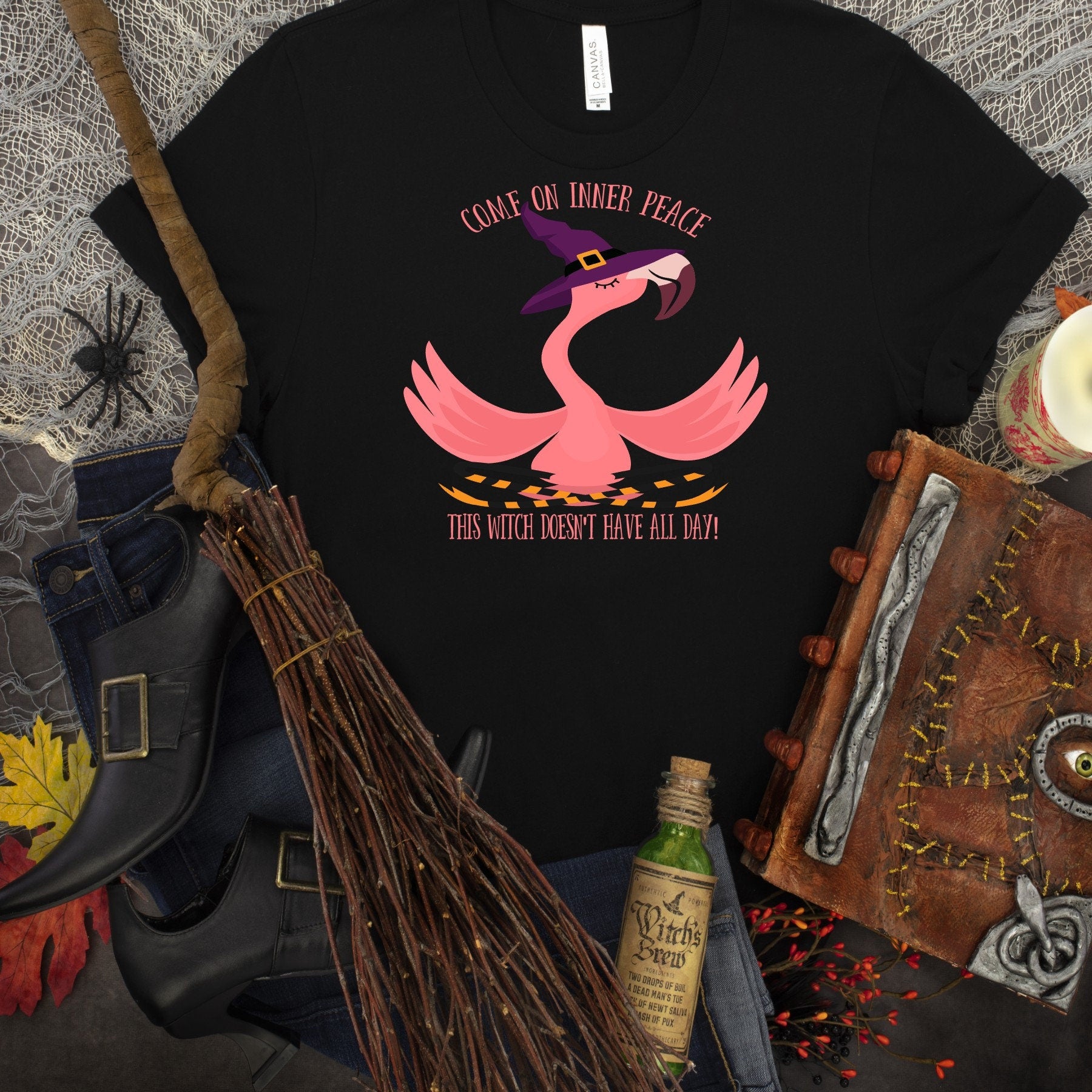 Yoga Flamingo Witch T-Shirt: Inner Peace Humor, Bella Canvas Tee
