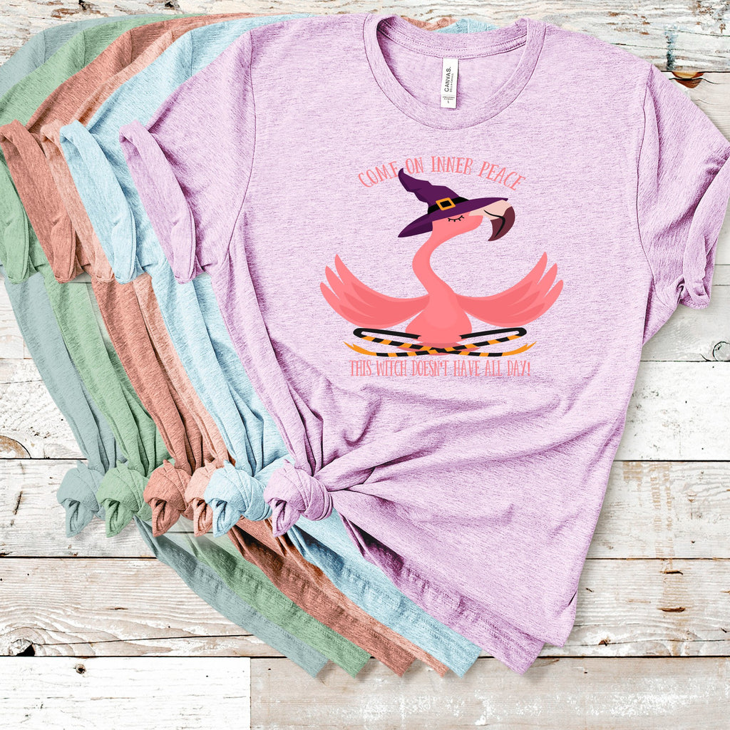 Yoga Flamingo Witch T-Shirt: Inner Peace Humor, Bella Canvas Tee