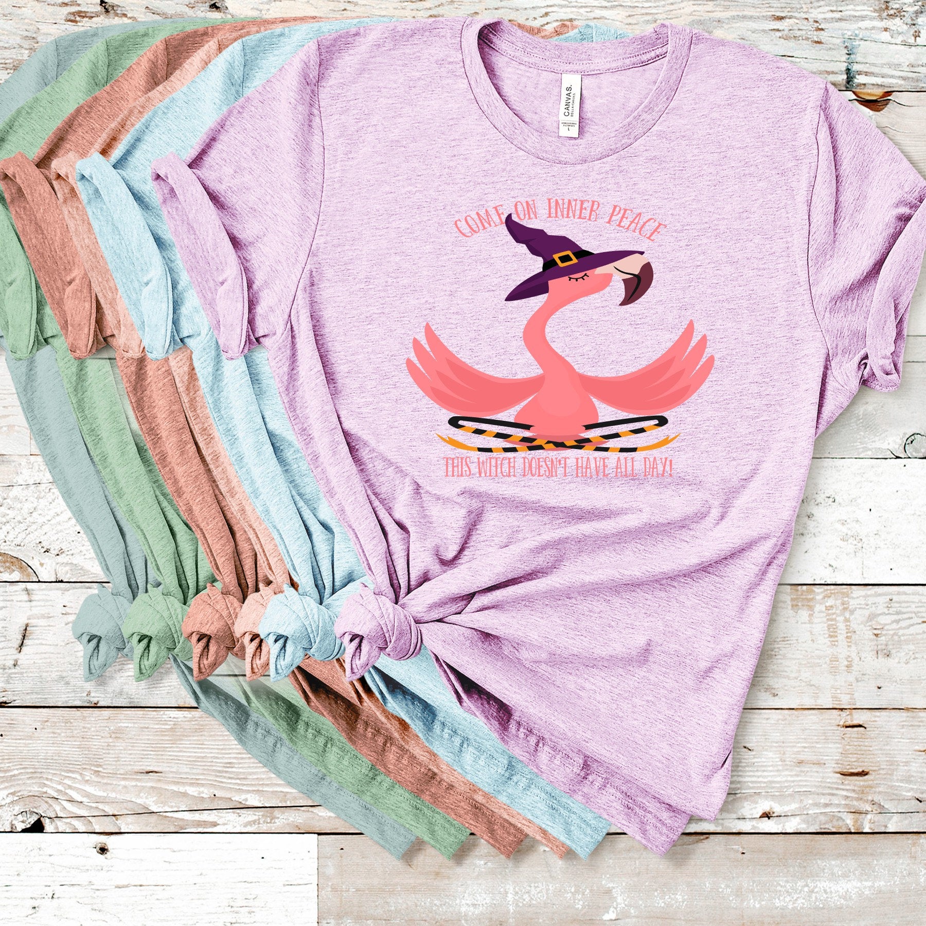 Yoga Flamingo Witch T-Shirt: Inner Peace Humor, Bella Canvas Tee