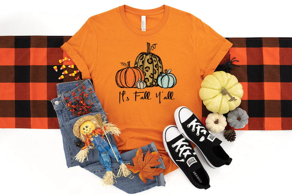 Leopard Pumpkin Fall T-Shirt: "It's Fall Y'all" Design