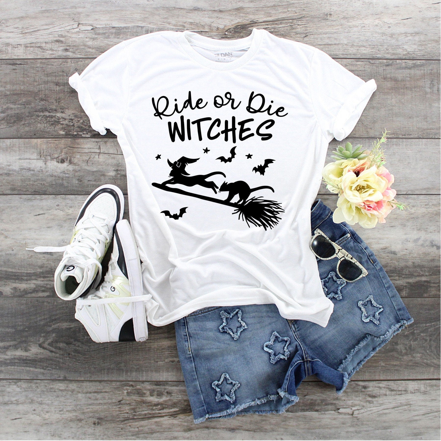 Ride Or Die Witches Shirt: Cat & Broom Tee