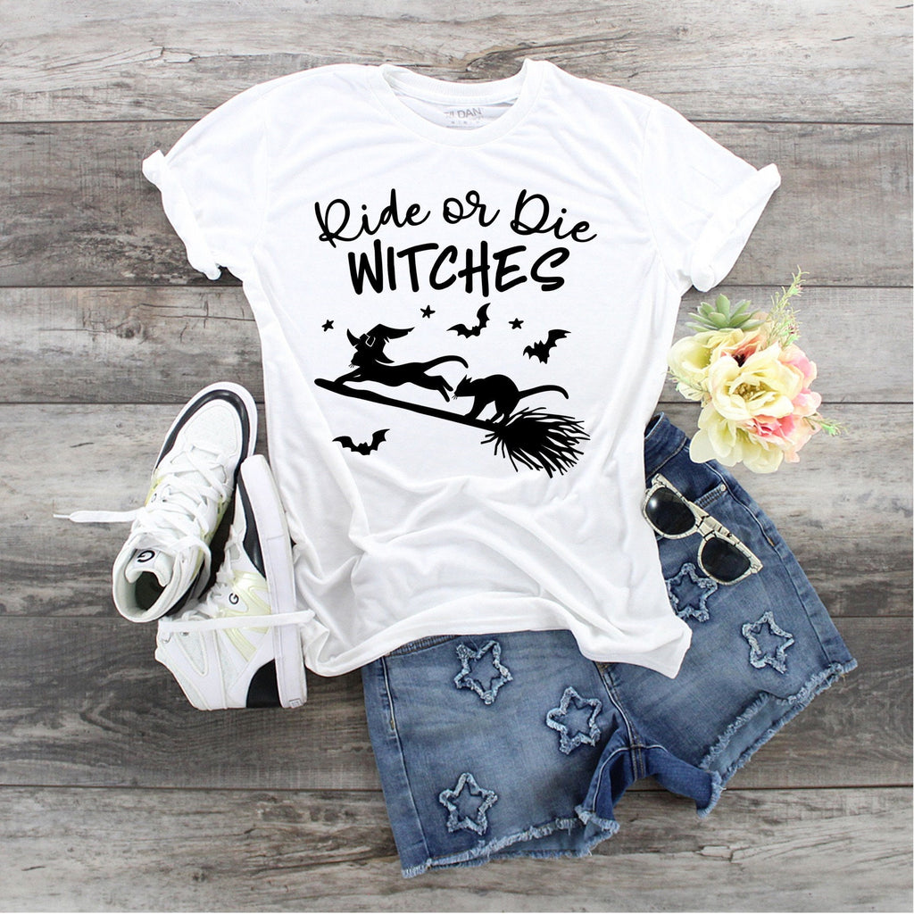 Ride Or Die Witches Shirt: Cat & Broom Tee