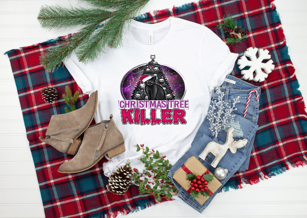 Funny Christmas Cat T-Shirt, Creepy Tree Killer Tee