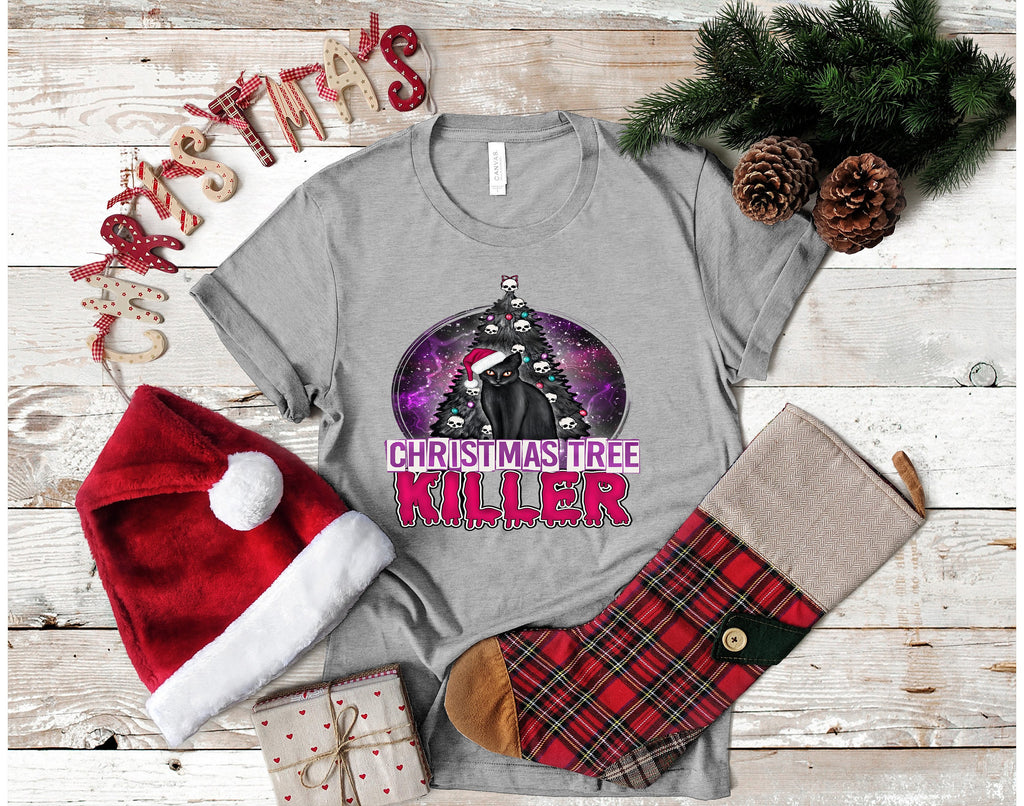 Funny Christmas Cat T-Shirt, Creepy Tree Killer Tee