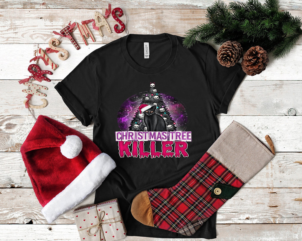Funny Christmas Cat T-Shirt, Creepy Tree Killer Tee