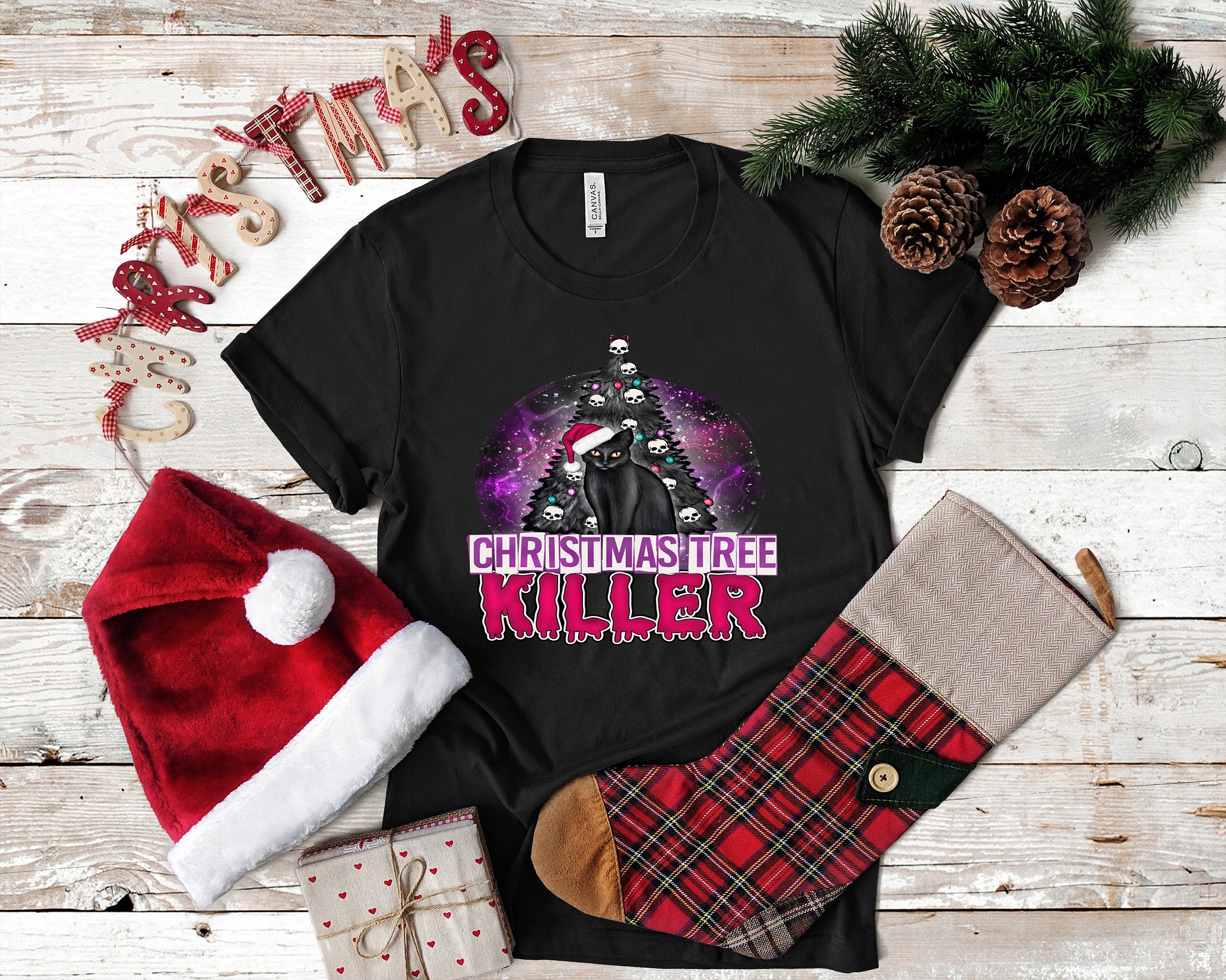 Funny Christmas Cat T-Shirt, Creepy Tree Killer Tee