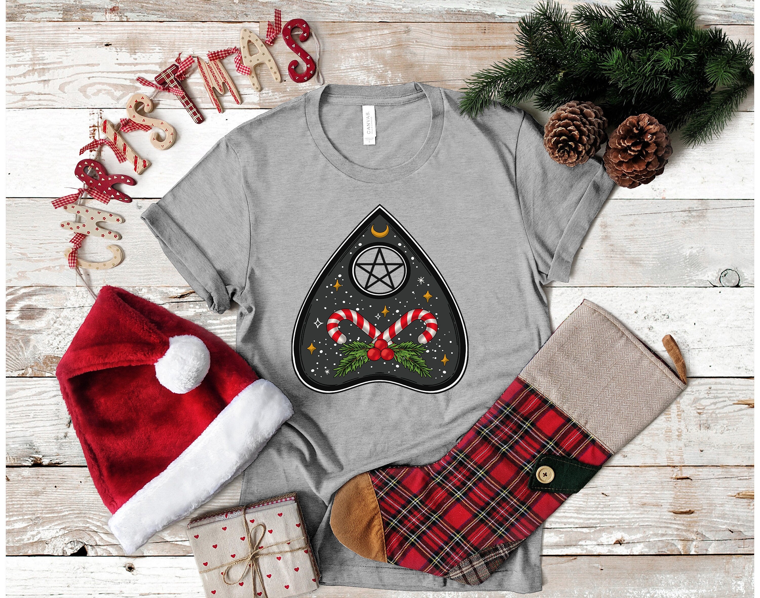 Creepy Christmas Planchette T-Shirt: Candy Cane Pentacle Witch Yule