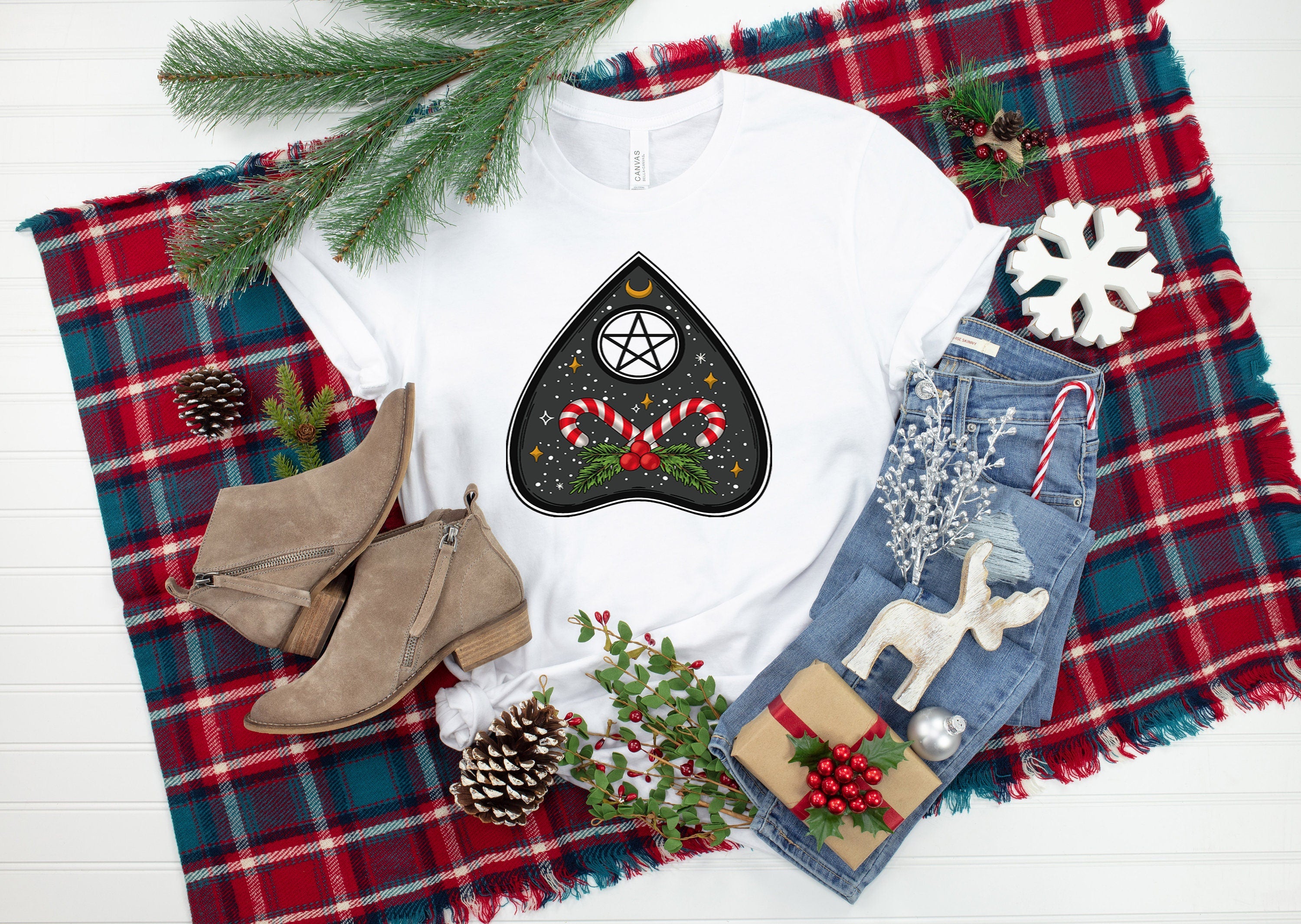 Creepy Christmas Planchette T-Shirt: Candy Cane Pentacle Witch Yule