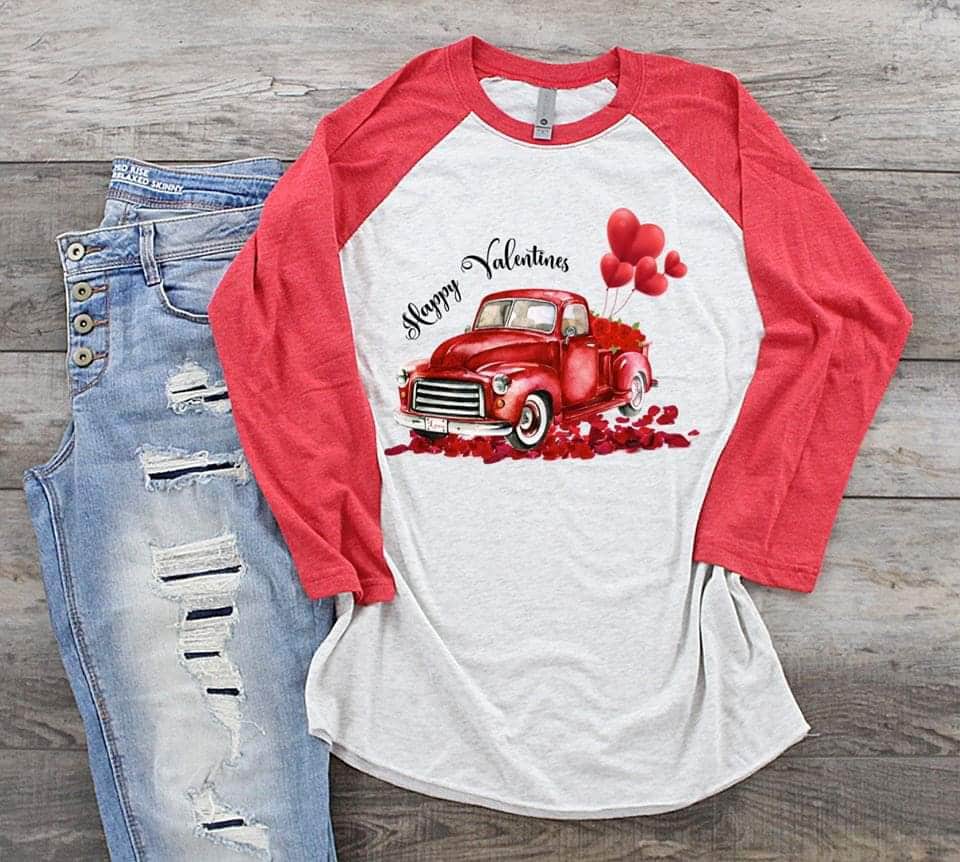 Retro Red Truck Valentine Raglan, Heart Balloons, Galentine Gift