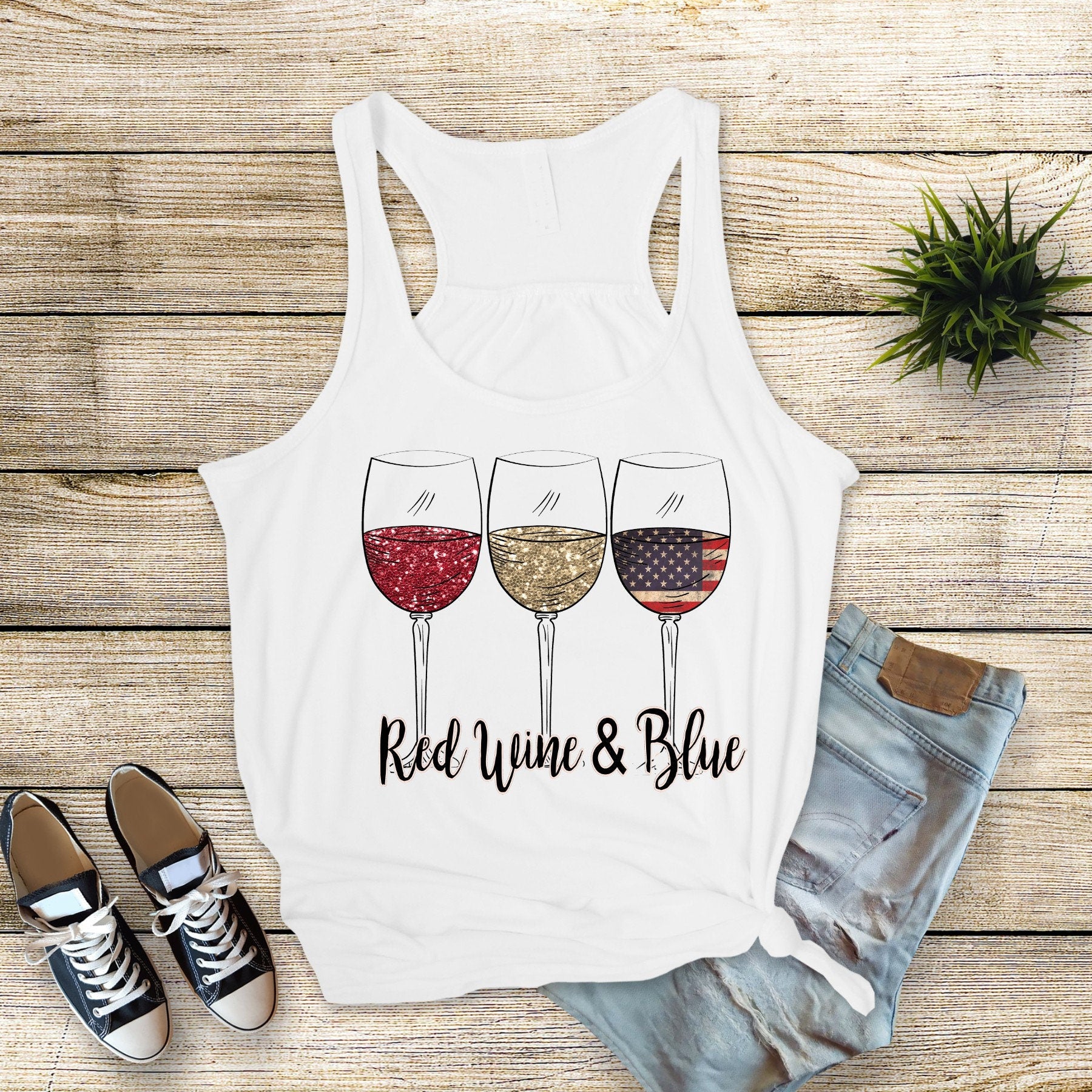 Red Wine Blue 4th July Tank Top: Bella Canvas Flowy Patriotic Wine Glasses