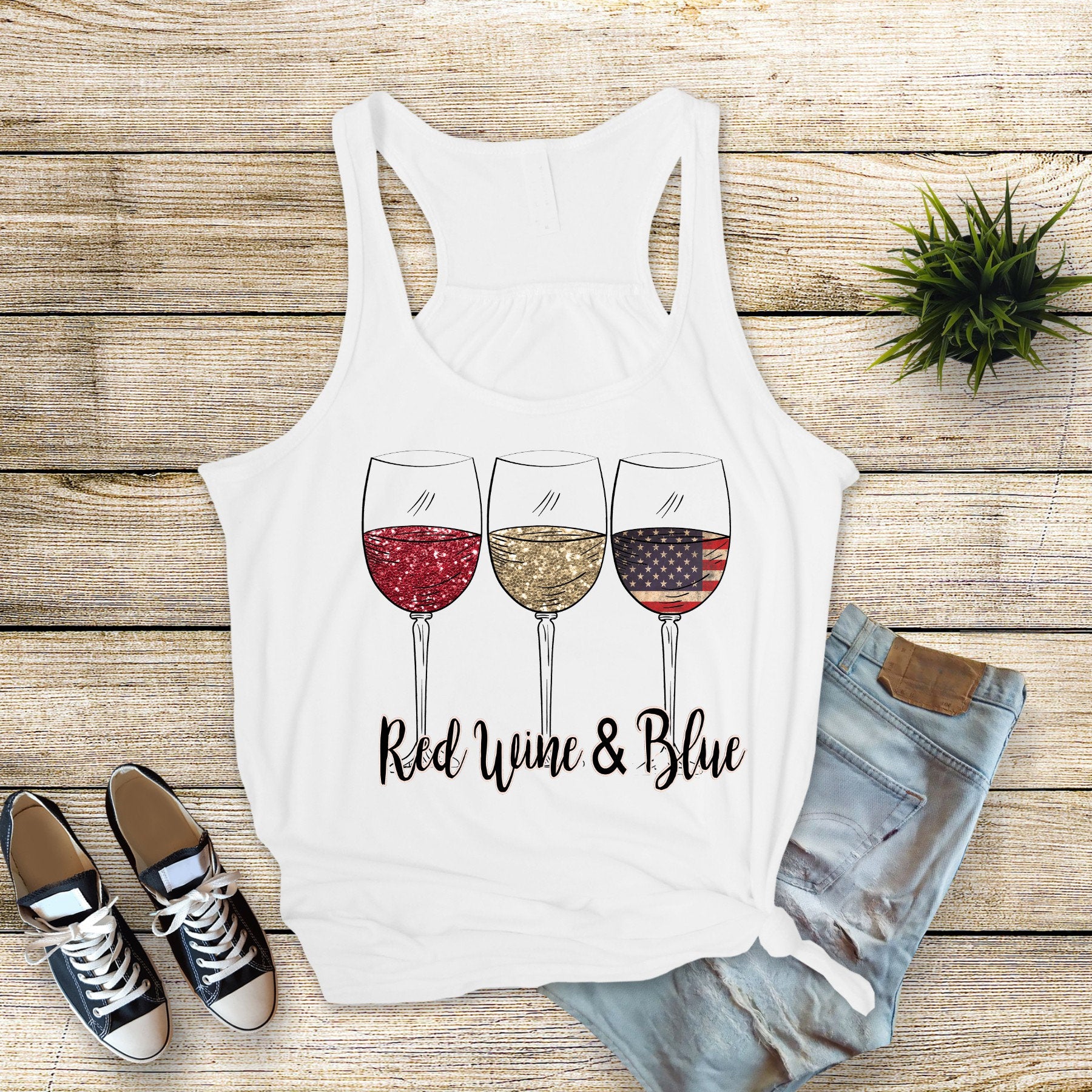Patriotic Wine Glasses Bella Canvas Tank: Personalized 4th of July Tumbler Set