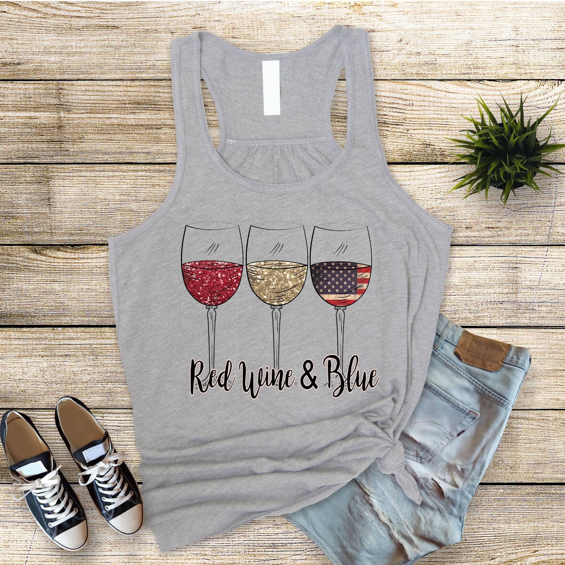 Red Wine Blue 4th July Tank Top: Bella Canvas Flowy Patriotic Wine Glasses