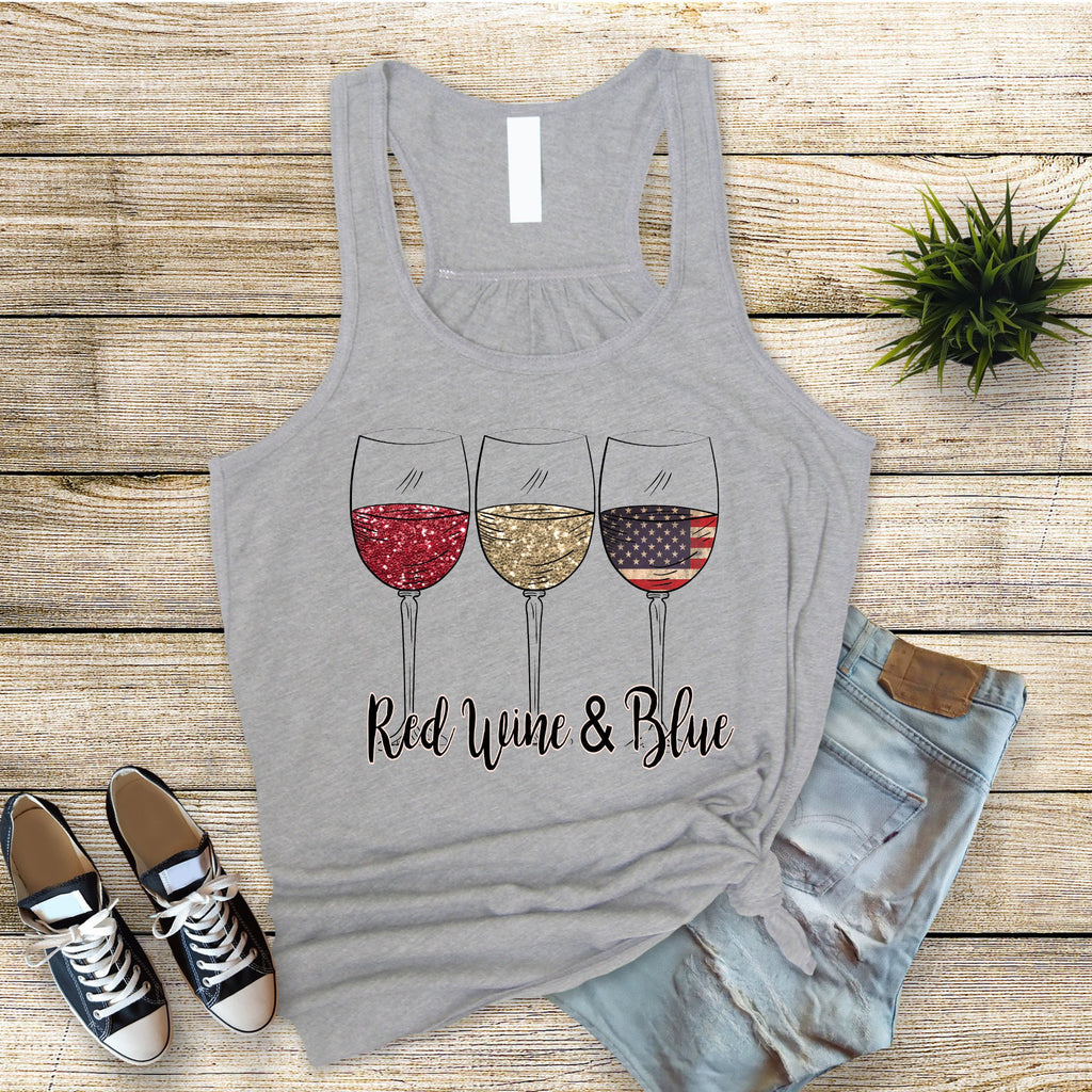Red Wine Blue 4th July Tank Top: Bella Canvas Flowy Patriotic Wine Glasses