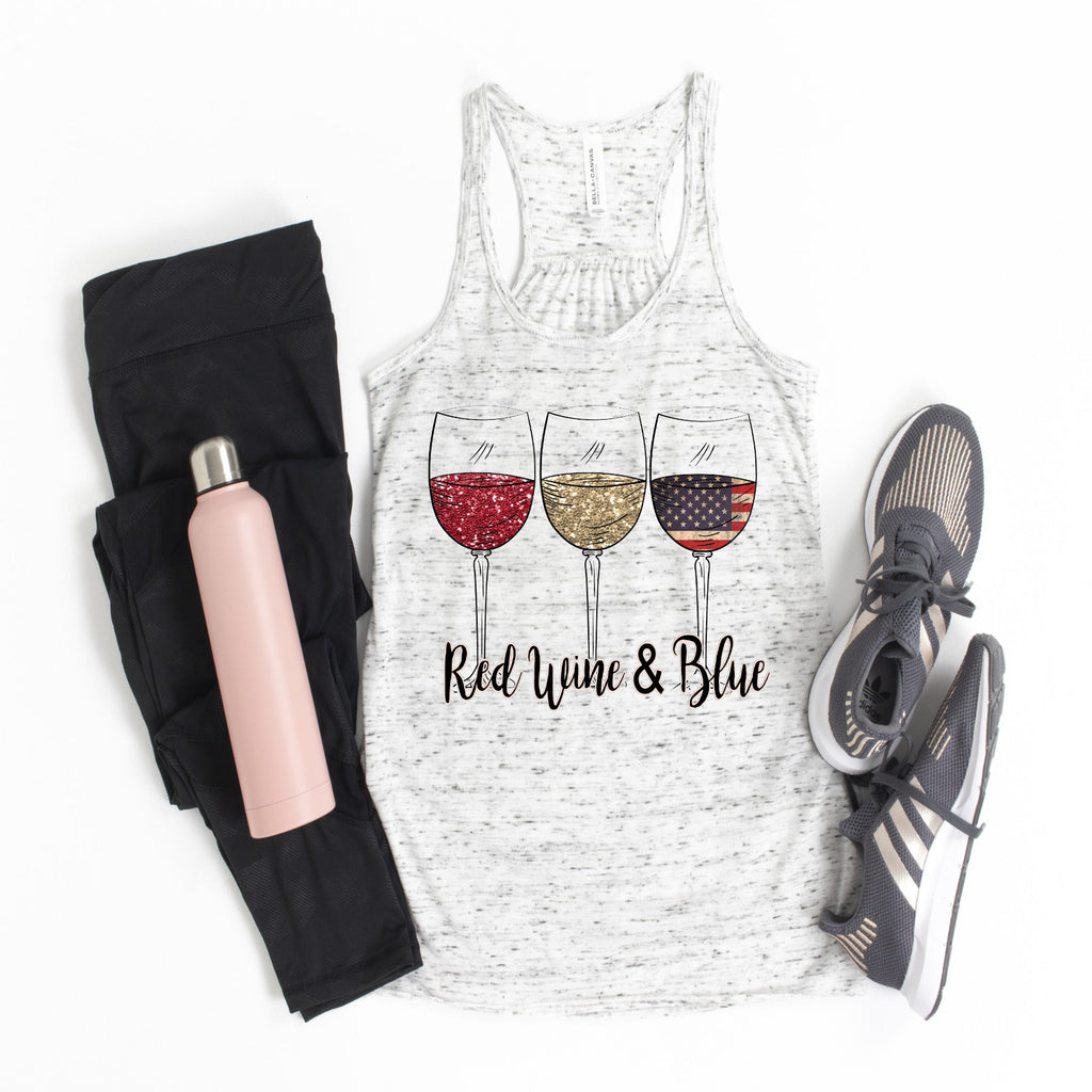 Red Wine Blue 4th July Tank Top: Bella Canvas Flowy Patriotic Wine Glasses