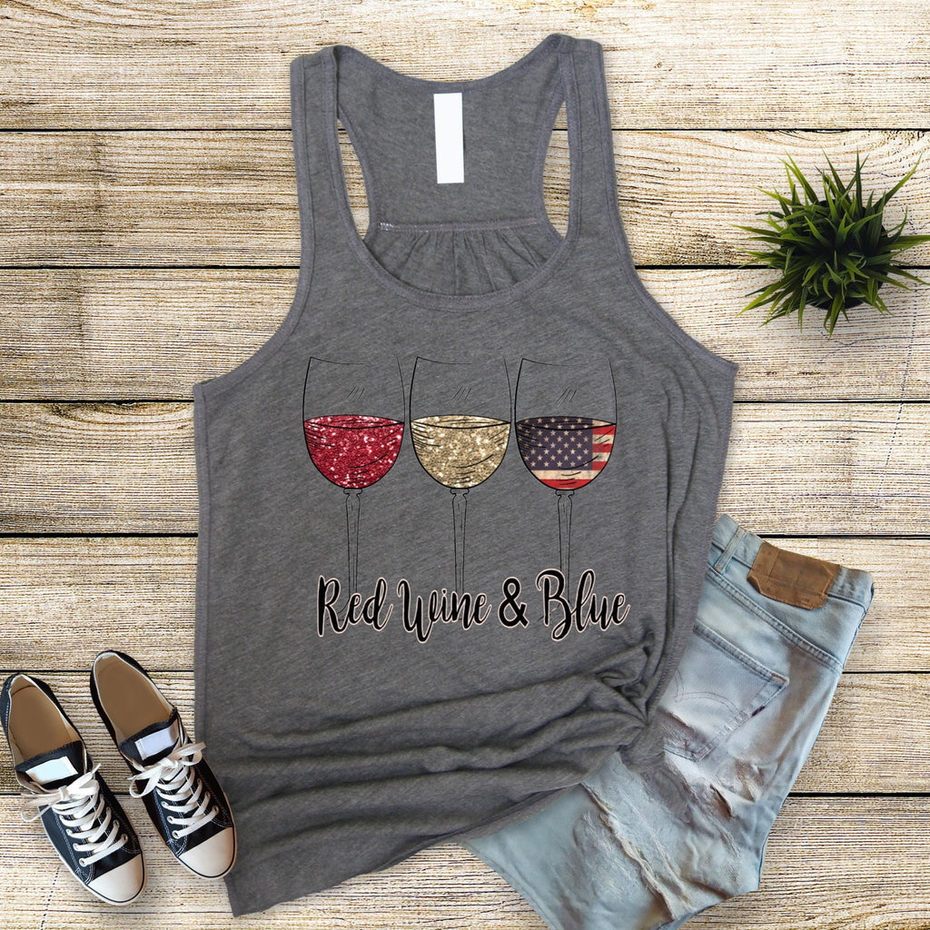 Red Wine Blue 4th July Tank Top: Bella Canvas Flowy Patriotic Wine Glasses