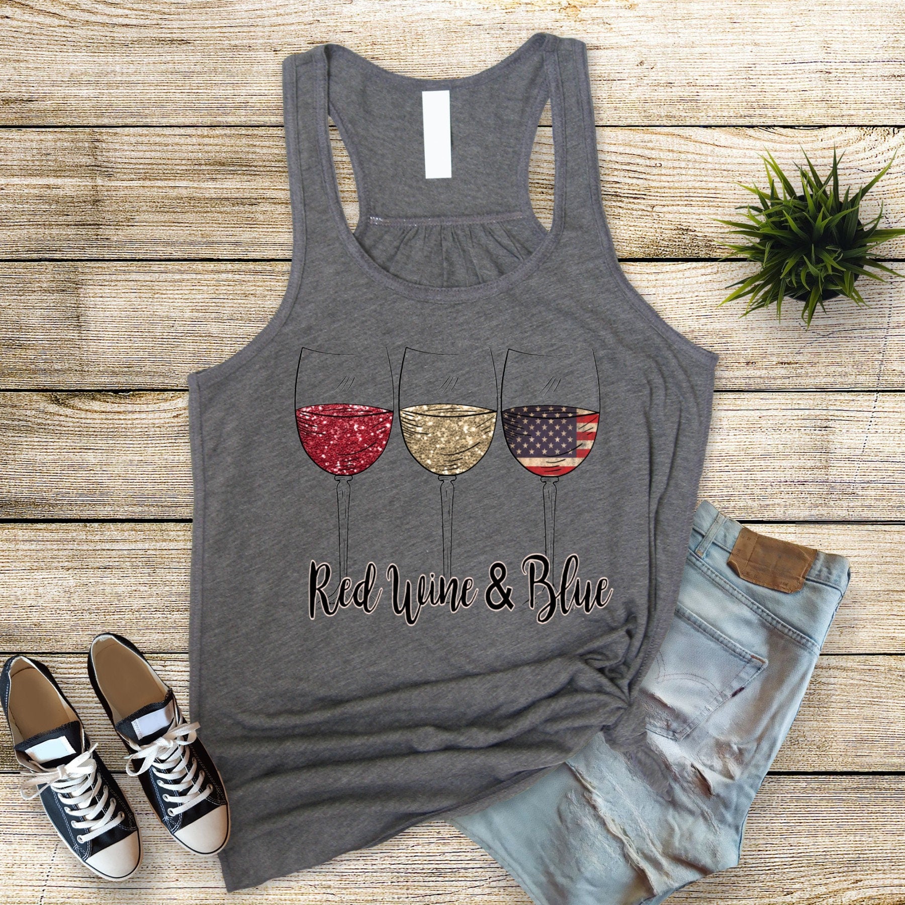 Red Wine Blue 4th July Tank Top: Bella Canvas Flowy Patriotic Wine Glasses
