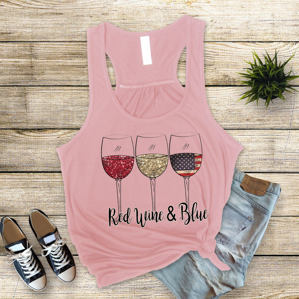 Red Wine Blue 4th July Tank Top: Bella Canvas Flowy Patriotic Wine Glasses