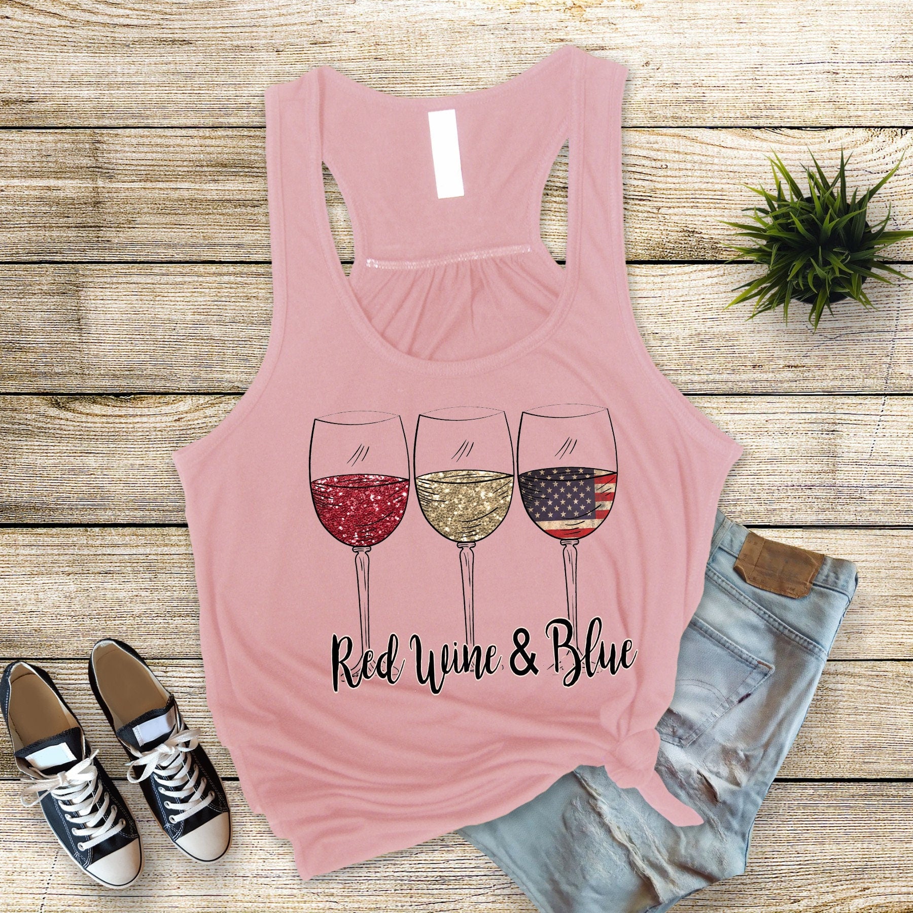 Red Wine Blue 4th July Tank Top: Bella Canvas Flowy Patriotic Wine Glasses