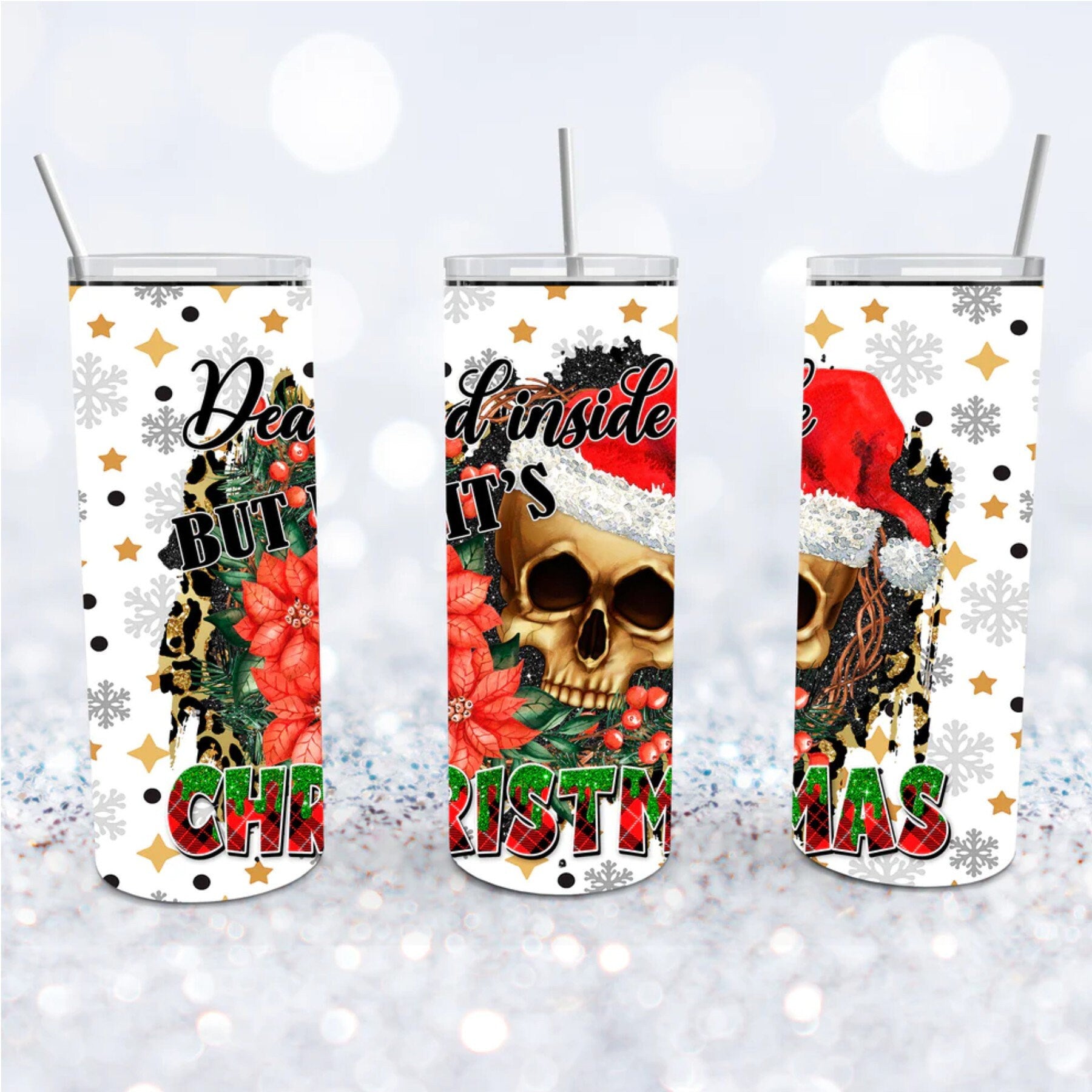 Creepy Skull Christmas Tumbler, Dead Inside Santa, 20 oz Skinny