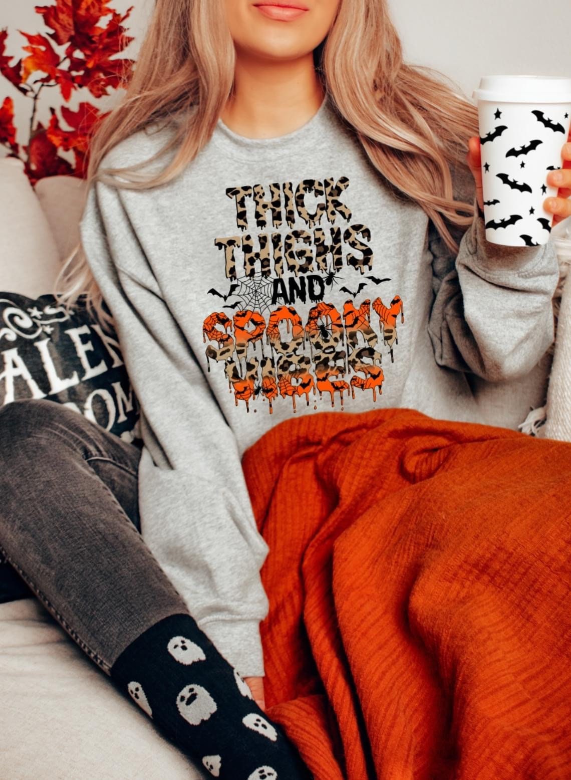 Thick Thighs & Spooky Vibes Halloween Crewneck Sweatshirt
