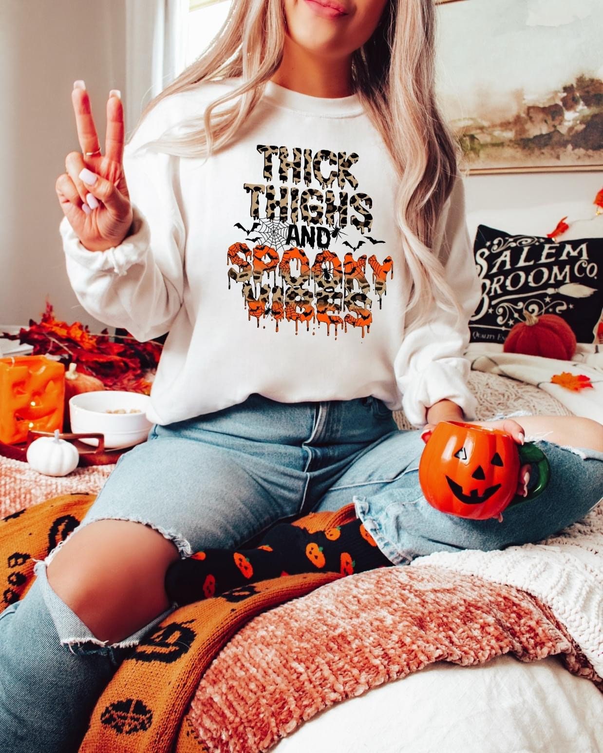 Thick Thighs & Spooky Vibes Halloween Crewneck Sweatshirt