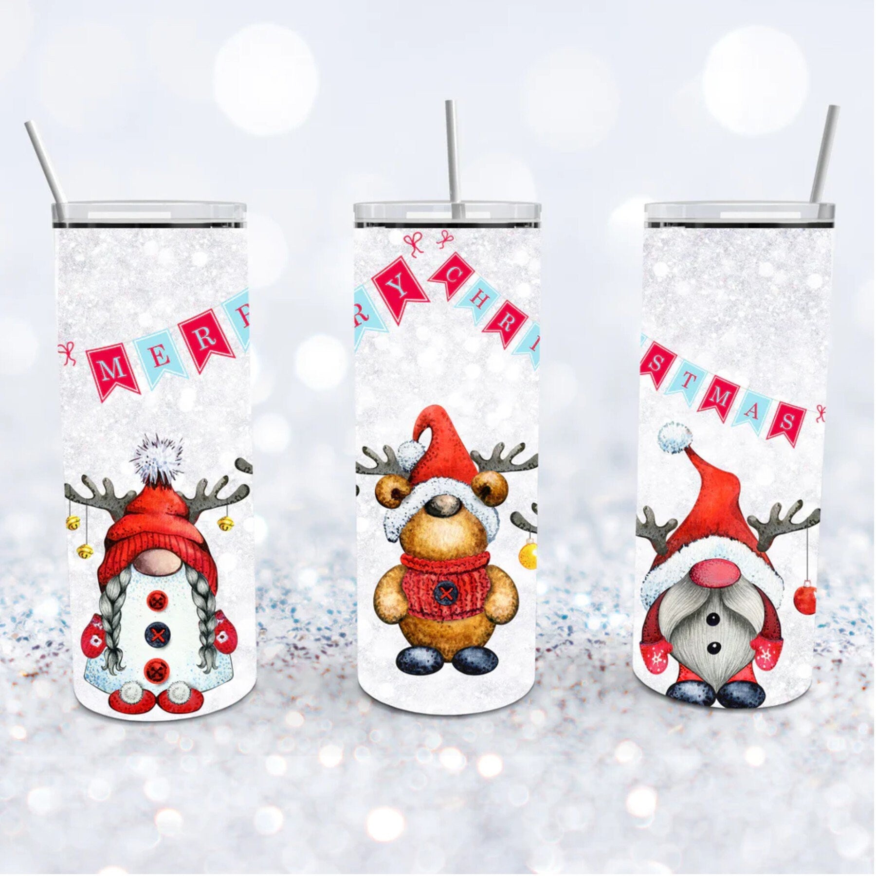 Christmas Gnome Reindeer 20oz Tumbler: Merry Christmas UV Print