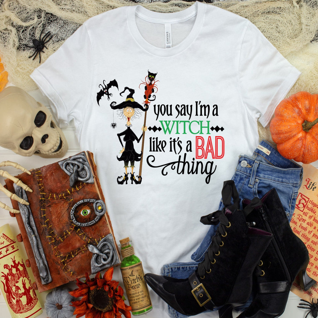 Cute Witch Cat Bat Halloween Tee, "You Say Witch Like It's A Bad Thing"