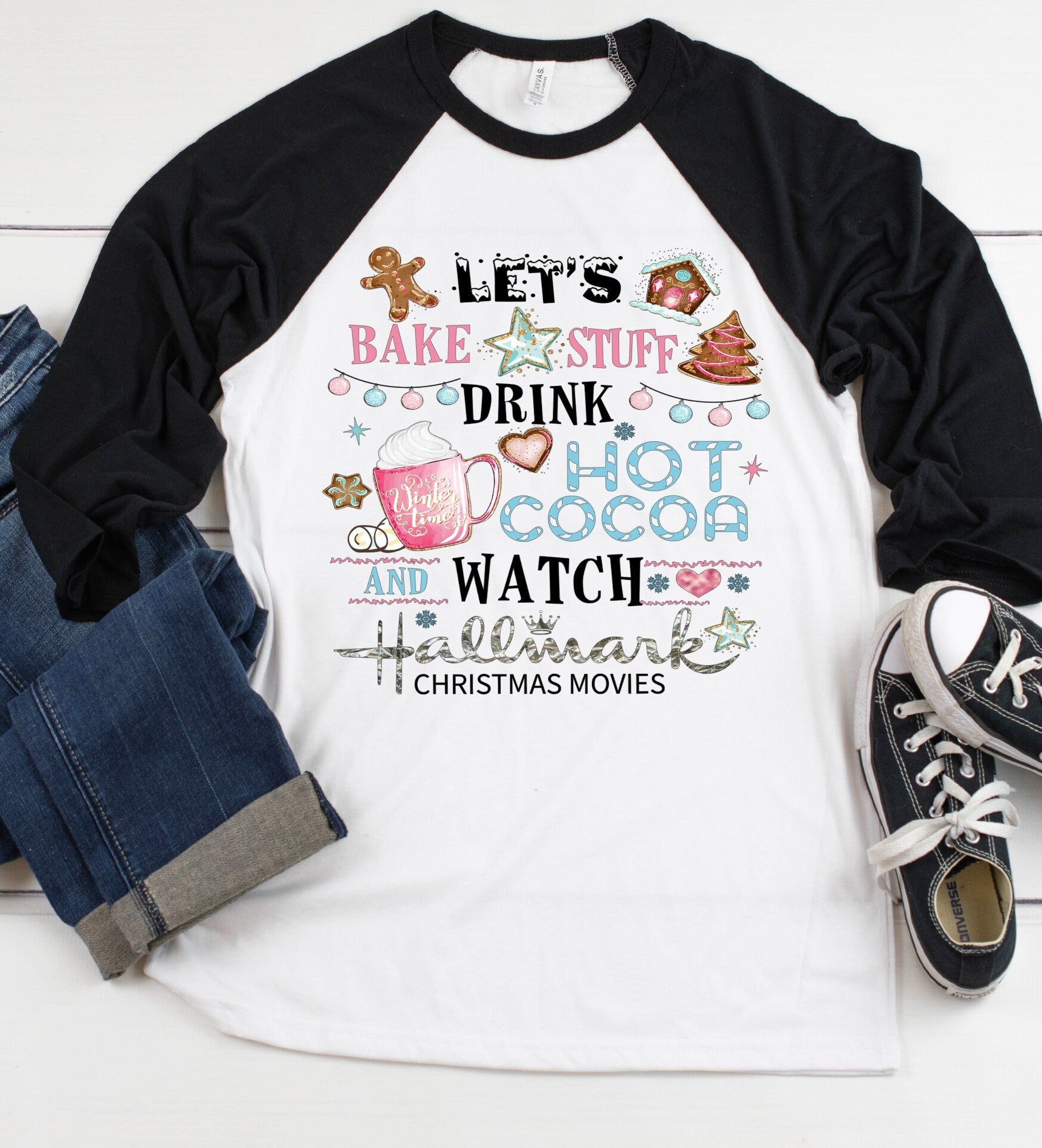 Hot Cocoa Christmas Movies Raglan Shirt: Festive Holiday Tee