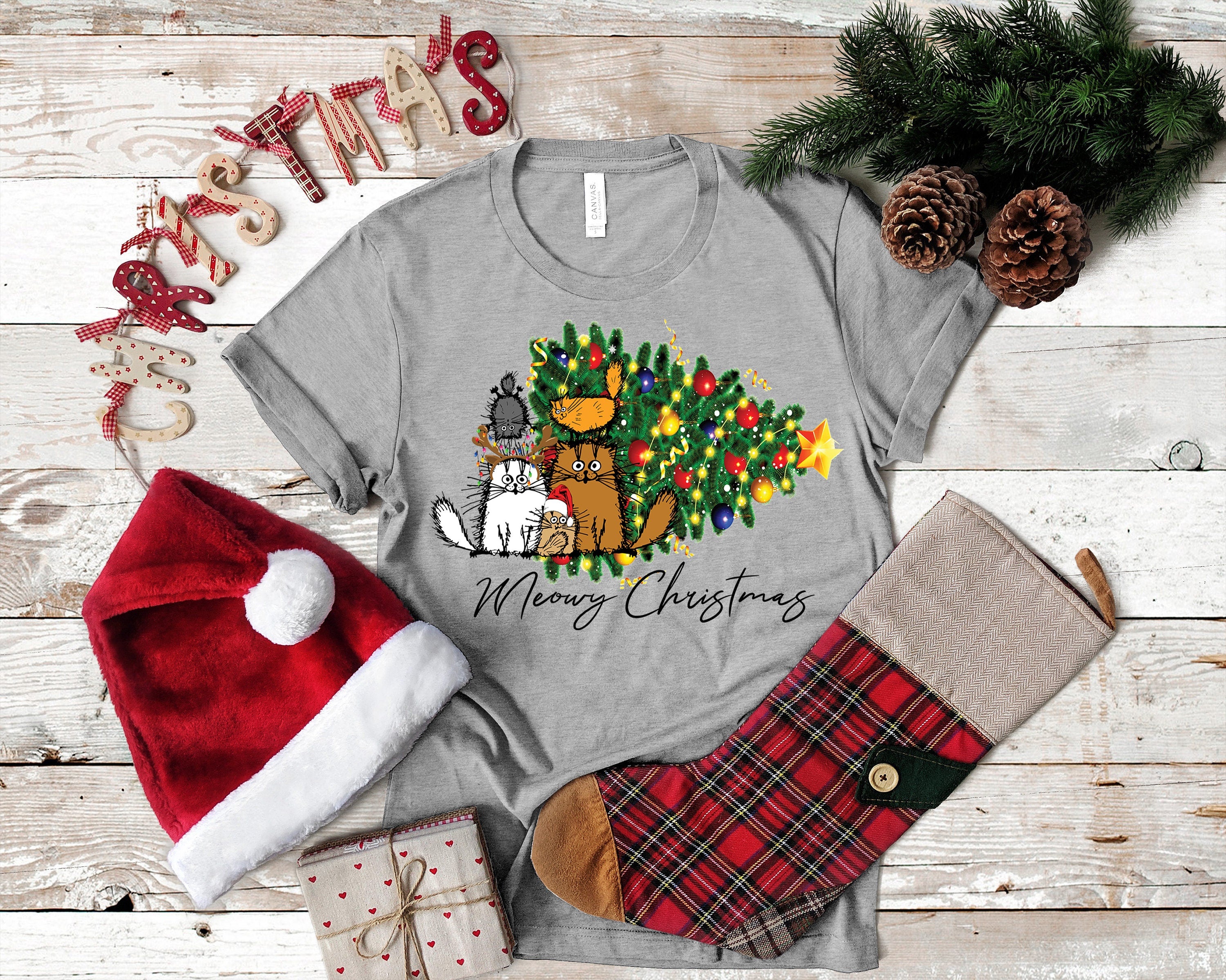 Meowy Christmas Cats Bella Canvas T-Shirt: Funny Holiday Tee