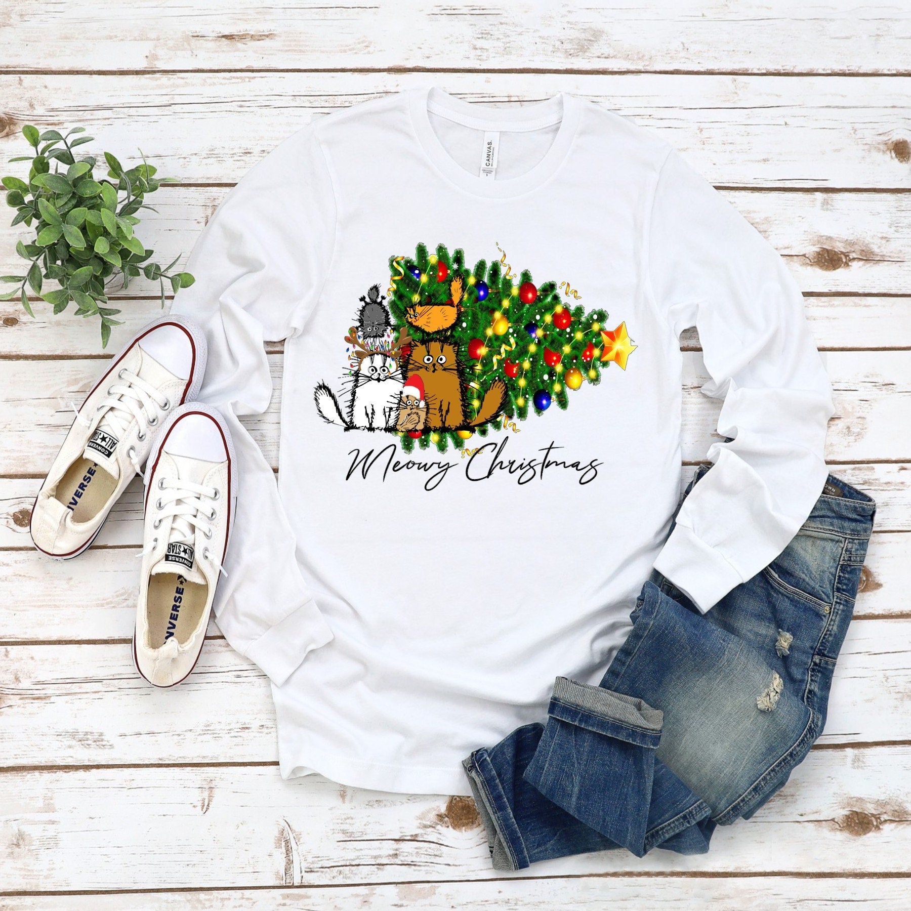 Meowy Christmas Cats Bella Canvas T-Shirt: Funny Holiday Tee