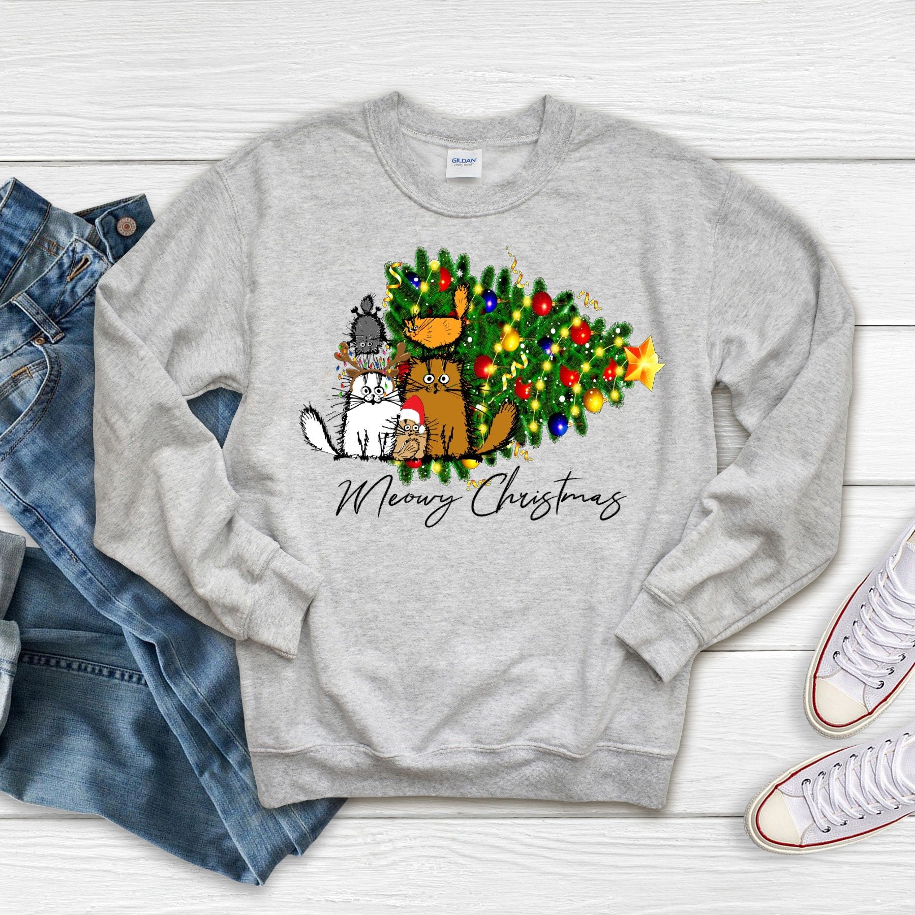 Meowy Christmas Cats Bella Canvas T-Shirt: Funny Holiday Tee