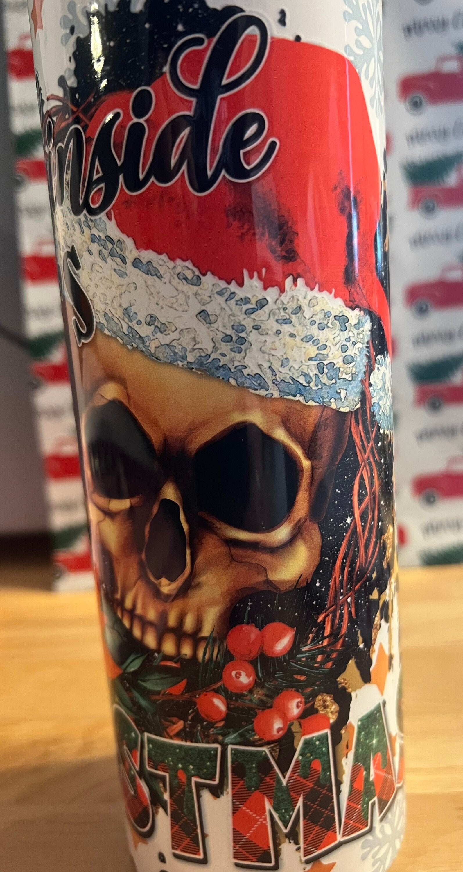 Creepy Skull Christmas Tumbler, Dead Inside Santa, 20 oz Skinny