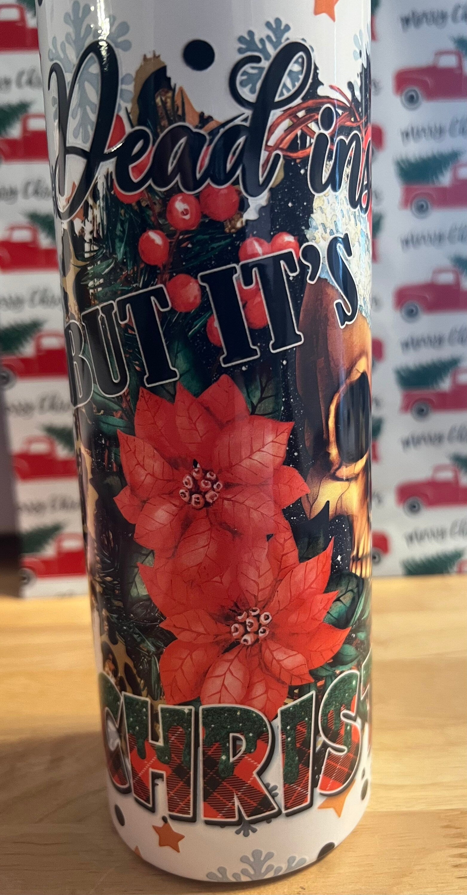 Creepy Skull Christmas Tumbler, Dead Inside Santa, 20 oz Skinny