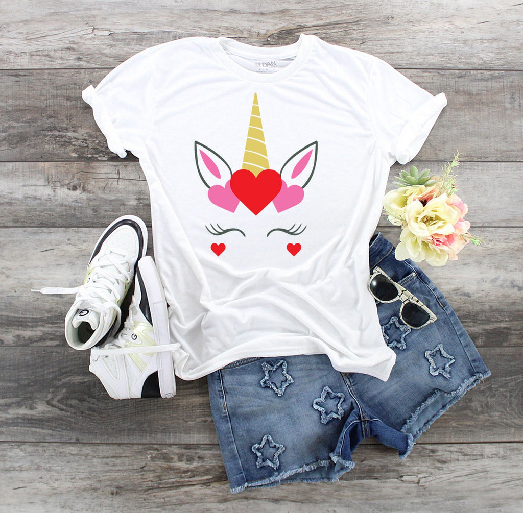 Youth Valentine Unicorn Shirt, Heart Face, Personalized