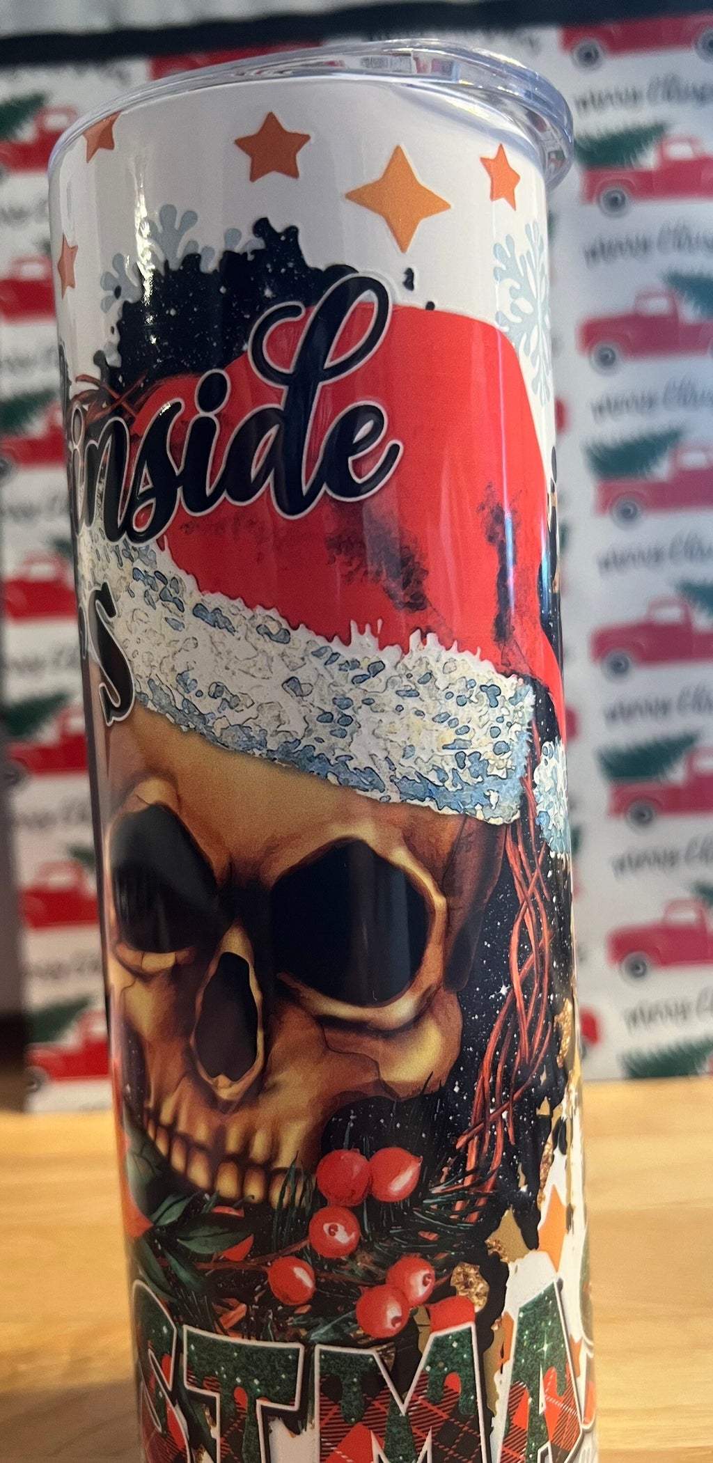 Creepy Skull Christmas Tumbler, Dead Inside Santa, 20 oz Skinny