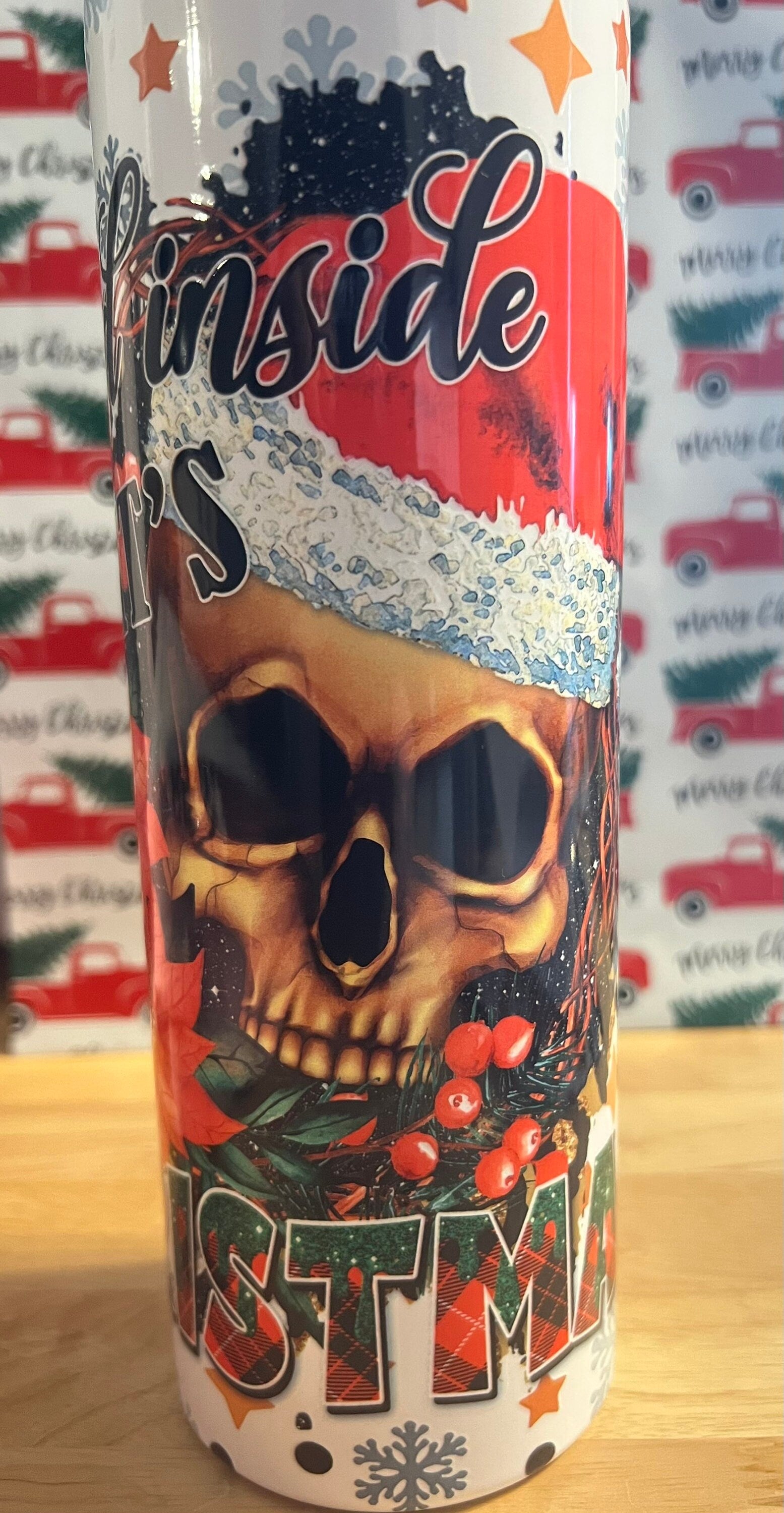 Creepy Skull Christmas Tumbler, Dead Inside Santa, 20 oz Skinny