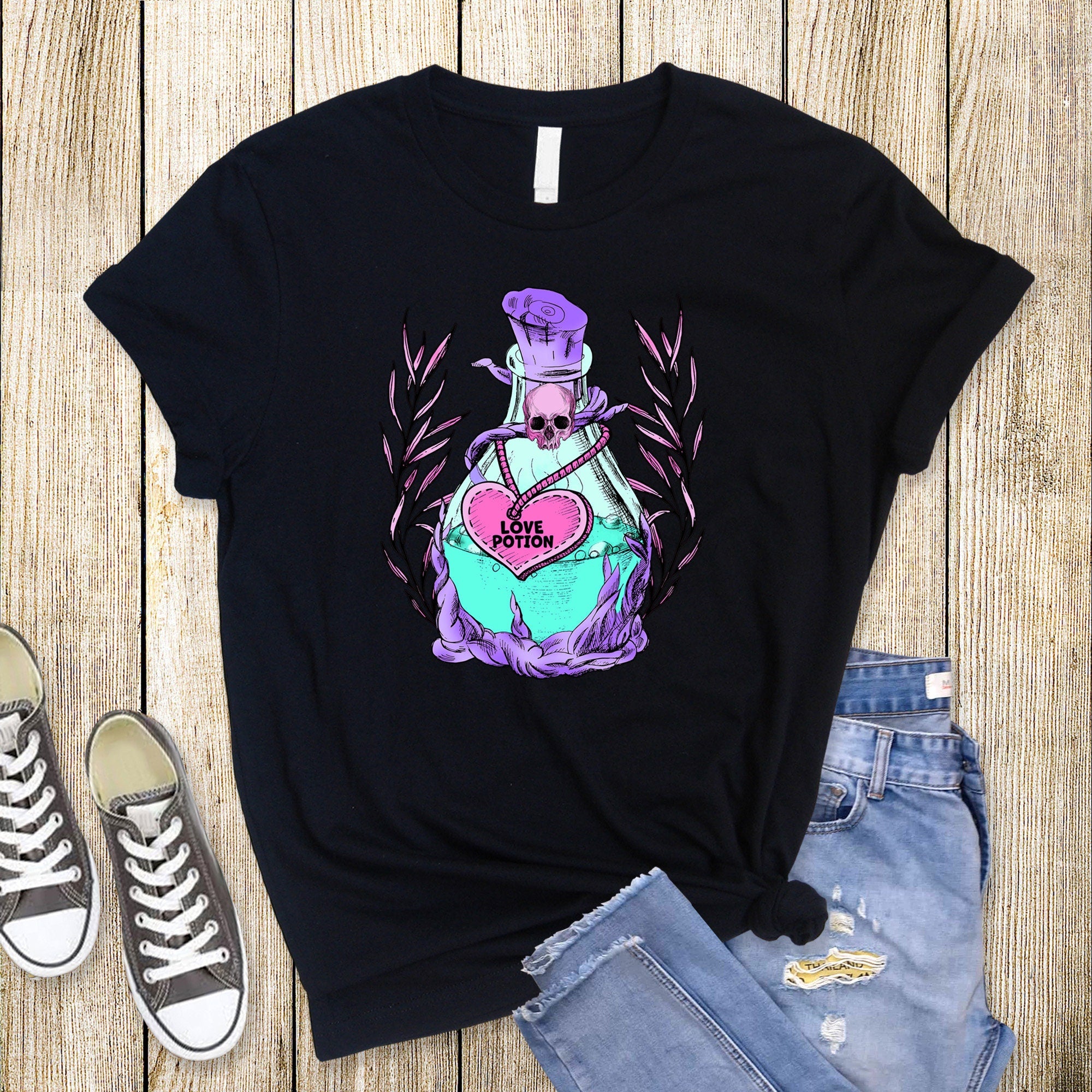 Pastel Gothic Love Potion T-Shirt: Skull Heart Witchy Tee