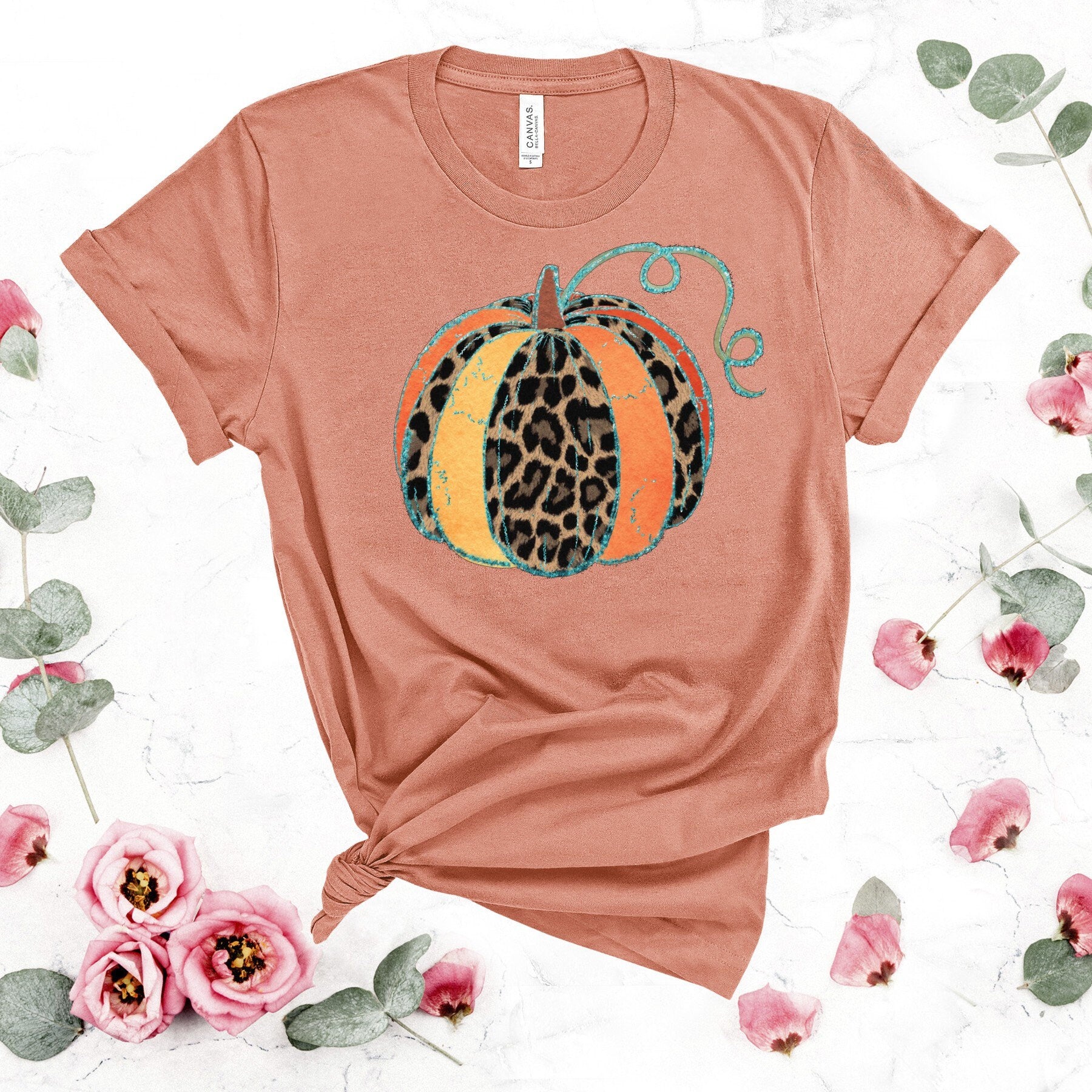 Leopard Pumpkin Patch T-Shirt: Floral Fall Design