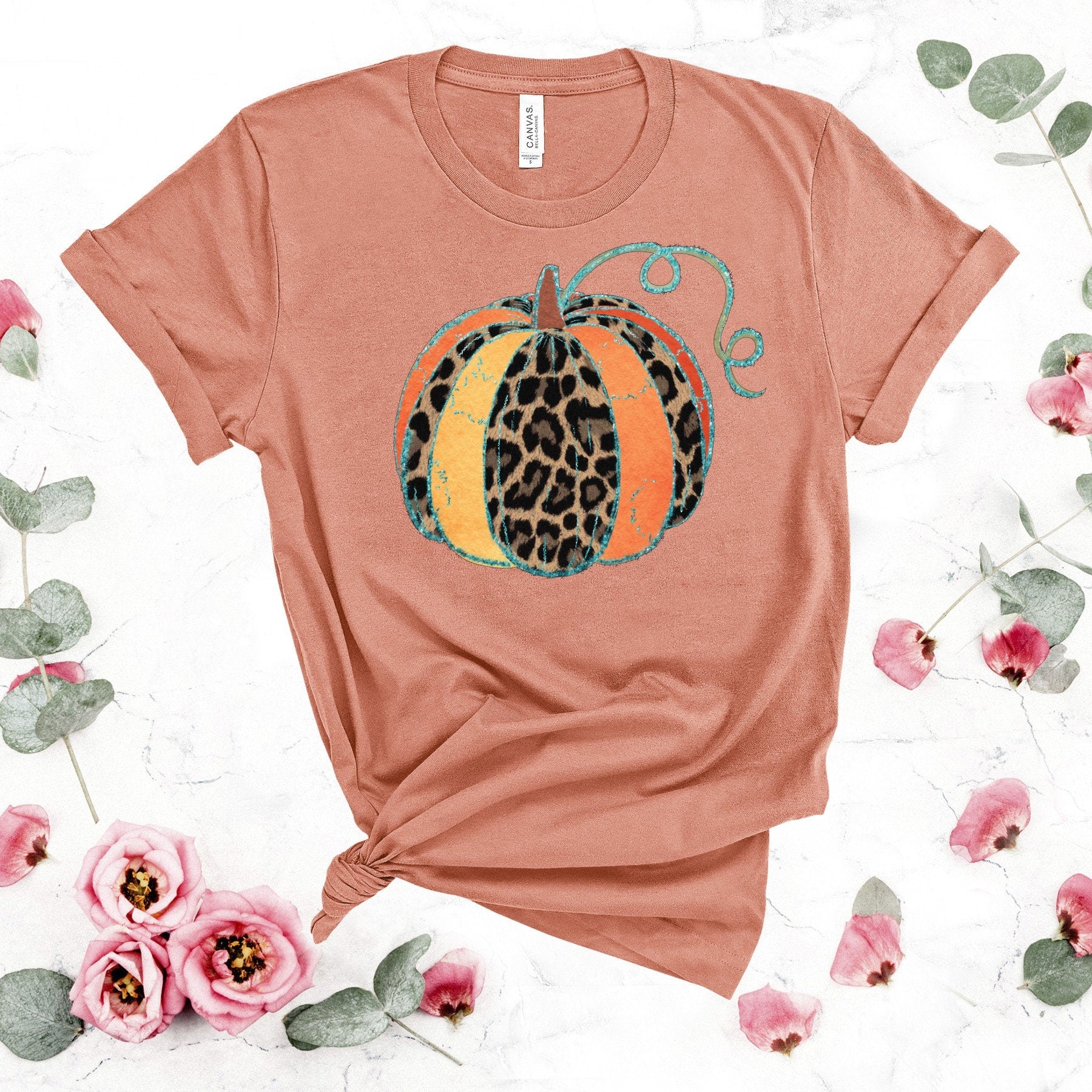 Leopard Pumpkin Patch T-Shirt: Floral Fall Design