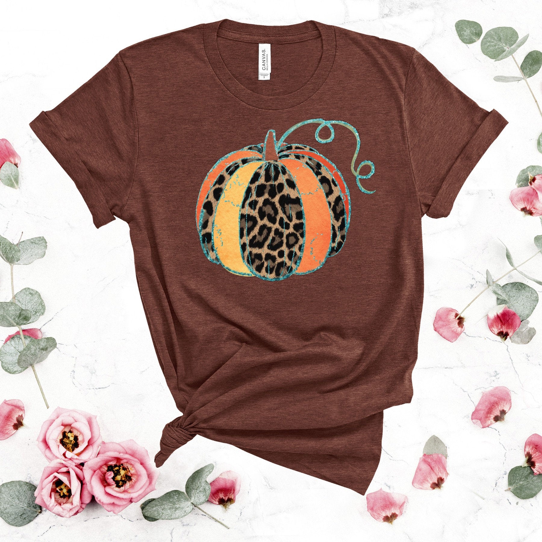 Leopard Pumpkin Patch T-Shirt: Floral Fall Design