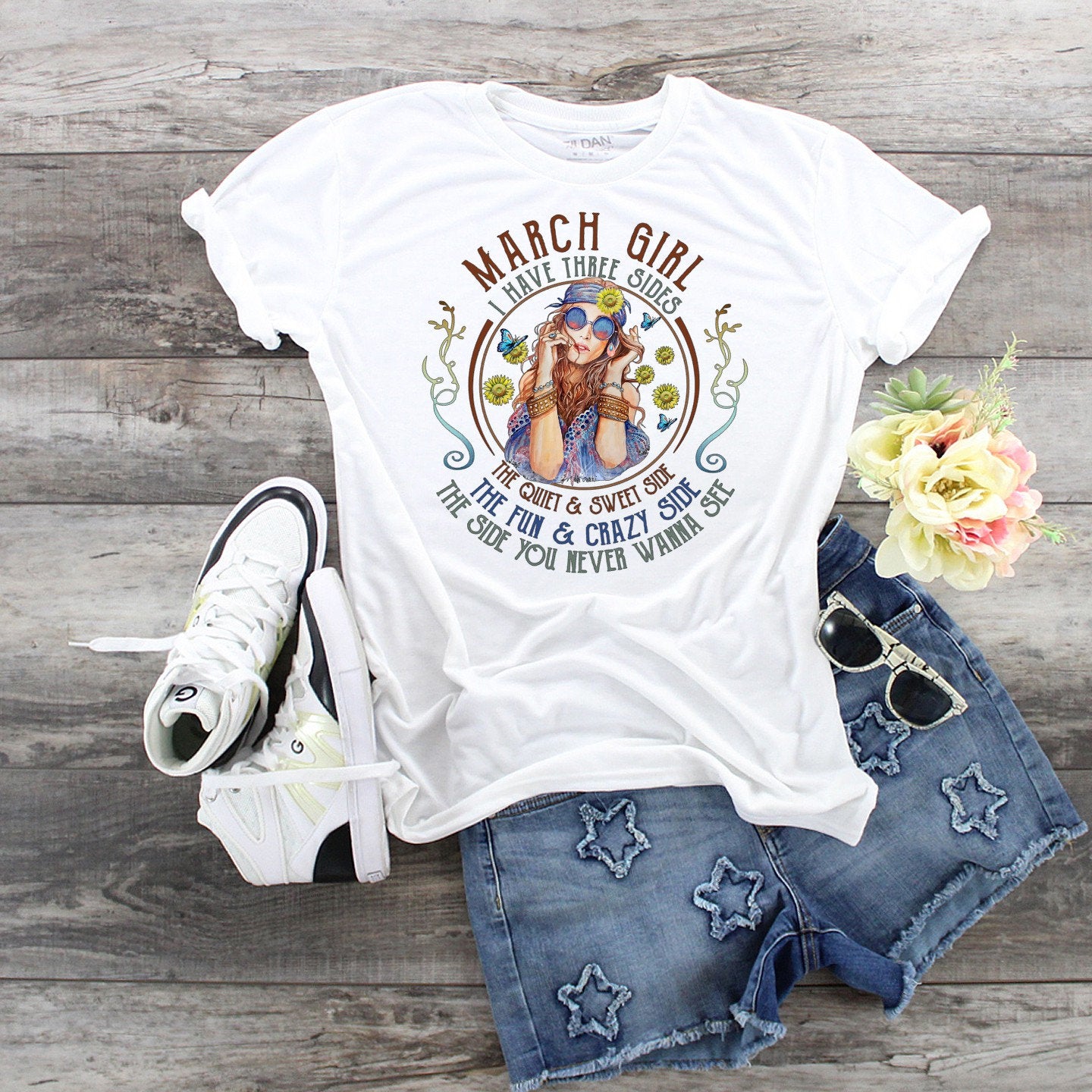 March Birthday Girl T-Shirt: Three Sides, Zodiac Tee