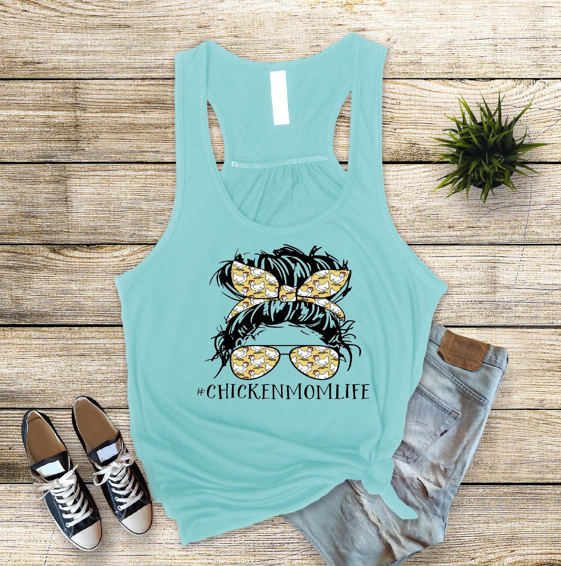 Chicken Mom Life Tank Top: Messy Bun Chicken Lady