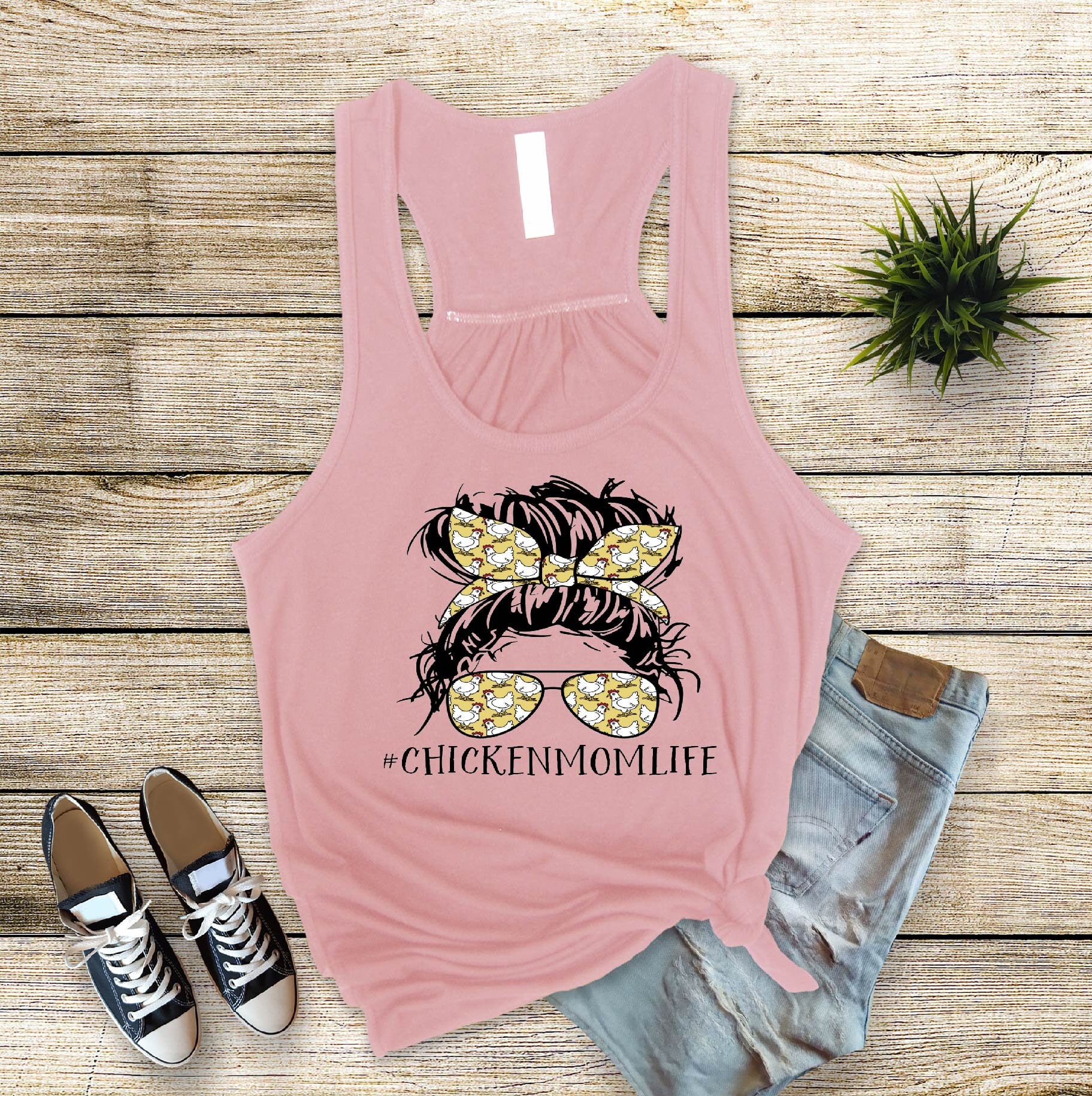 Chicken Mom Life Tank Top: Messy Bun Chicken Lady