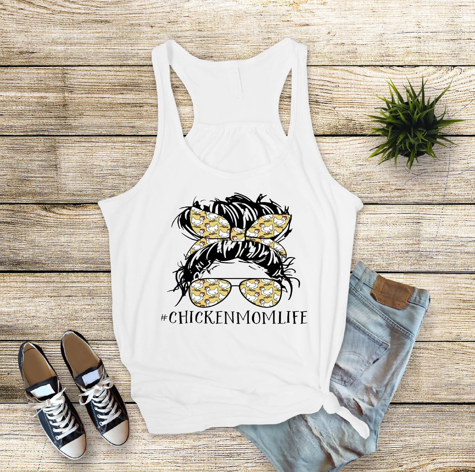 Chicken Mom Life Tank Top: Messy Bun Chicken Lady