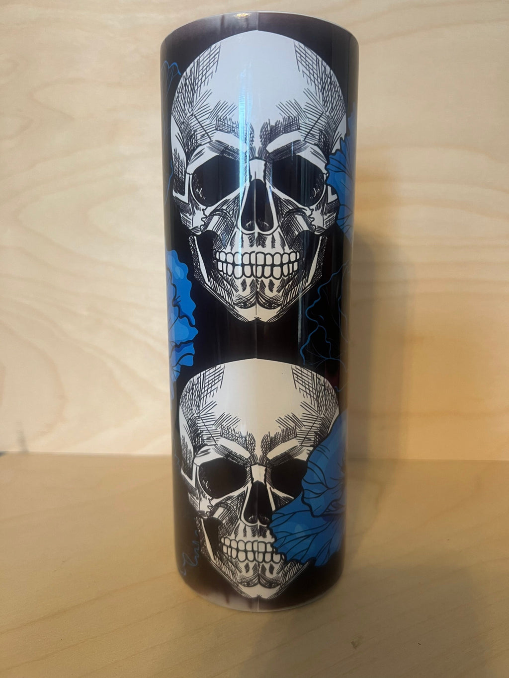 Witchy Skull & Blue Flowers Tumbler: Glow in Dark or Glitter Look