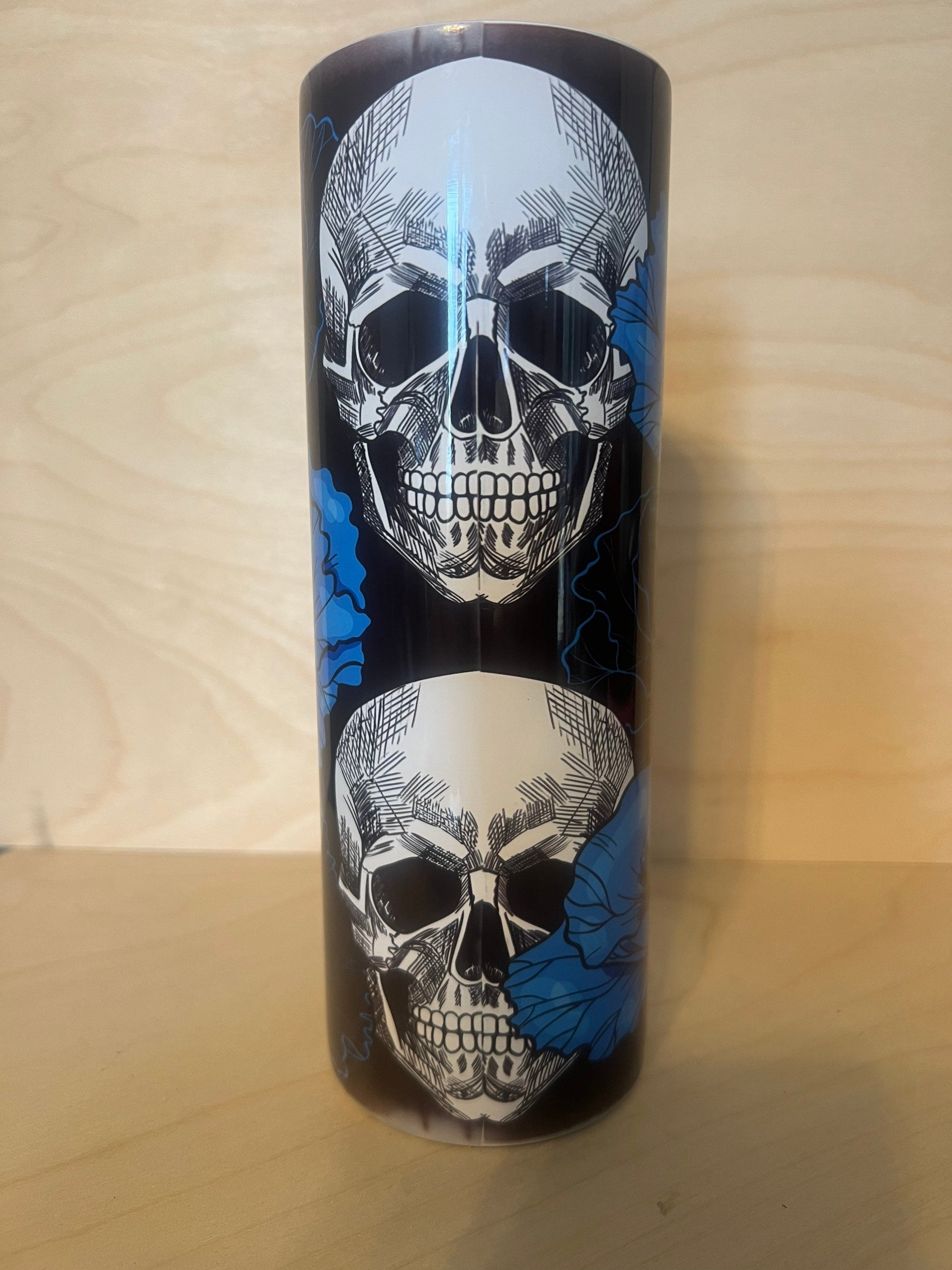 Witchy Skull & Blue Flowers Tumbler: Glow in Dark or Glitter Look
