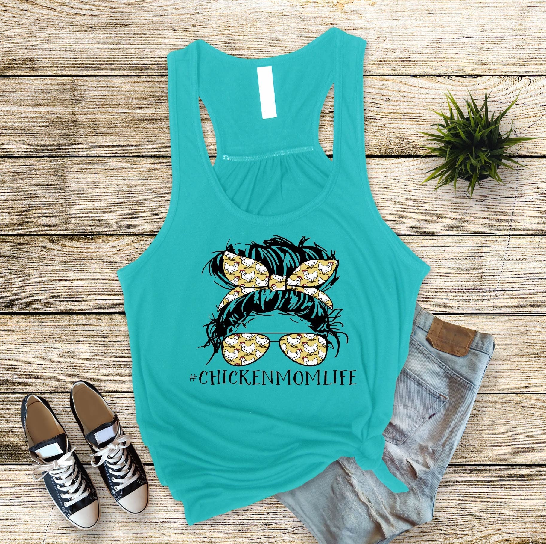 Chicken Mom Life Tank Top: Messy Bun Chicken Lady