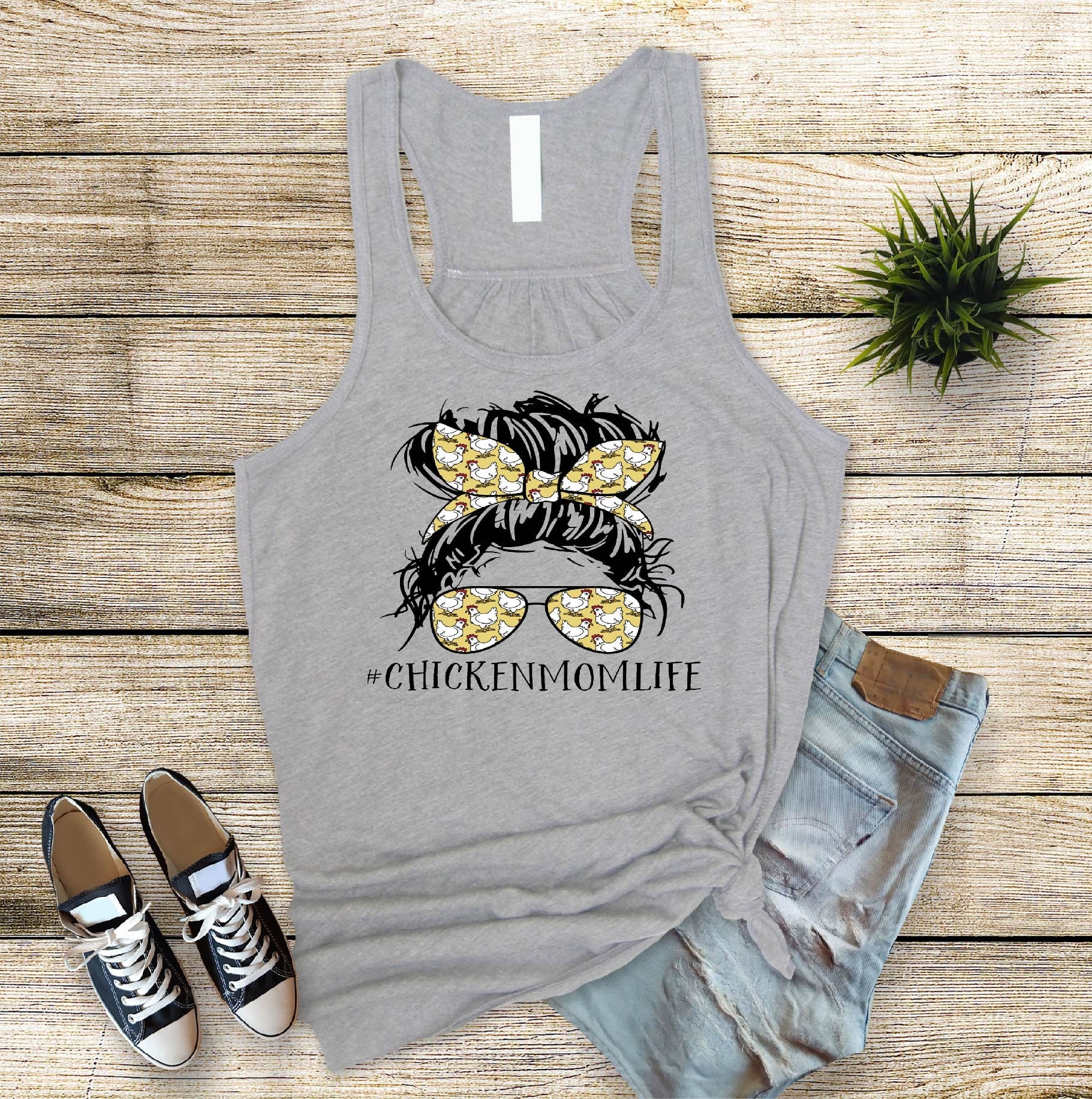 Chicken Mom Life Tank Top: Messy Bun Chicken Lady