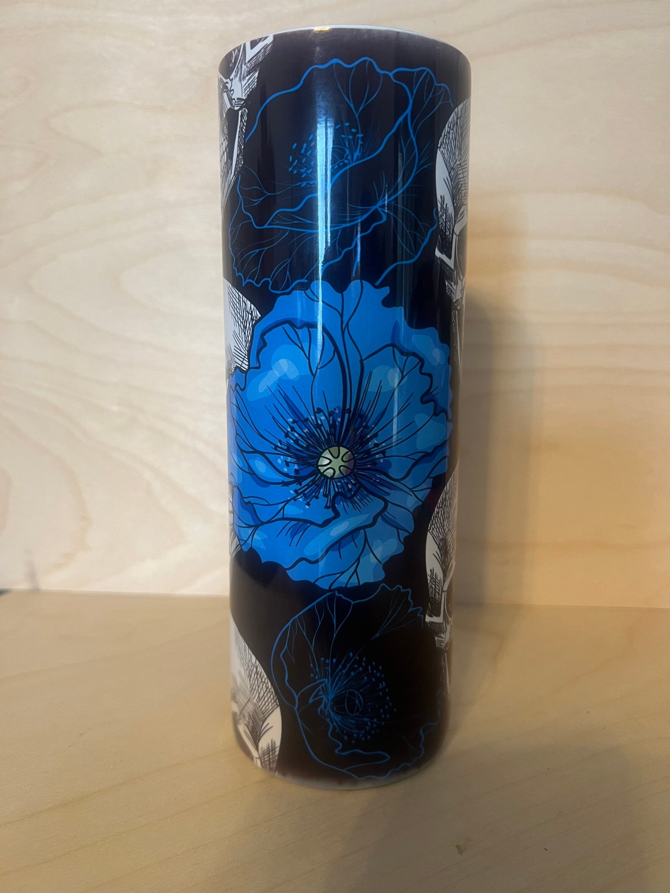 Witchy Skull & Blue Flowers Tumbler: Glow in Dark or Glitter Look